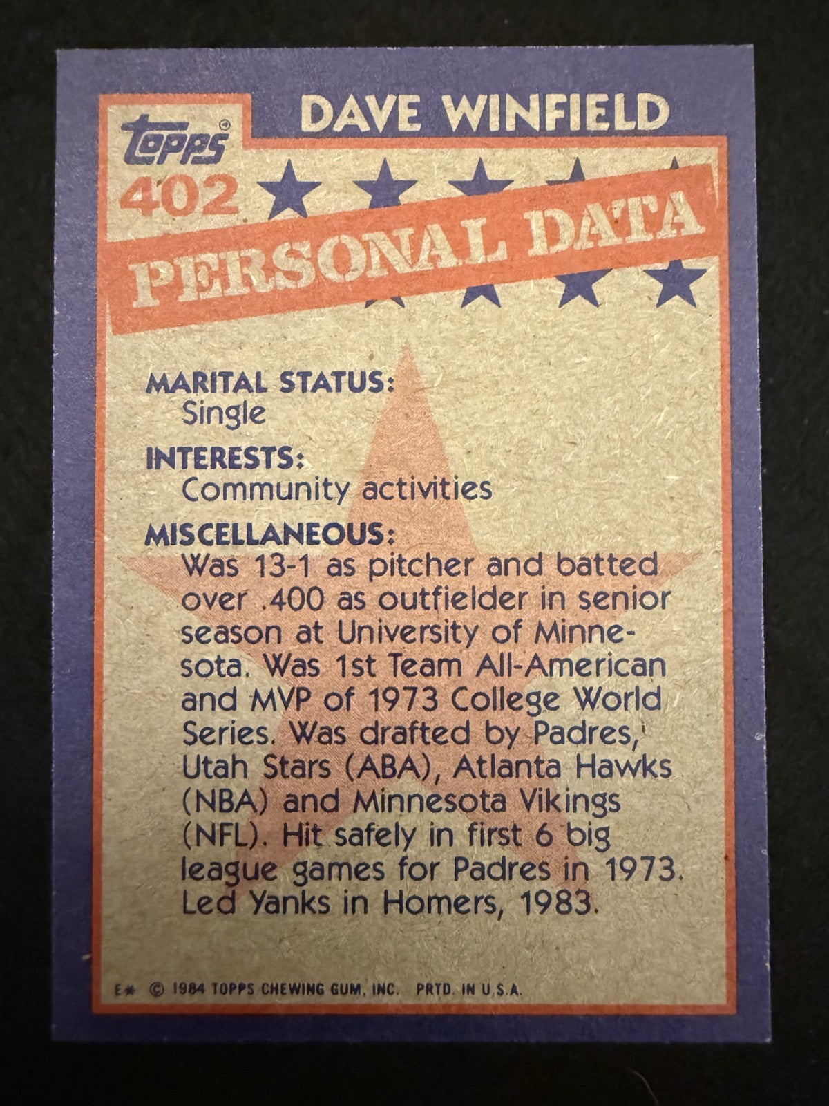 1984 Topps Dave Winfield (#402) NM HOFer, WS Champ, 3K Hits ^GRUMPYBUCK^