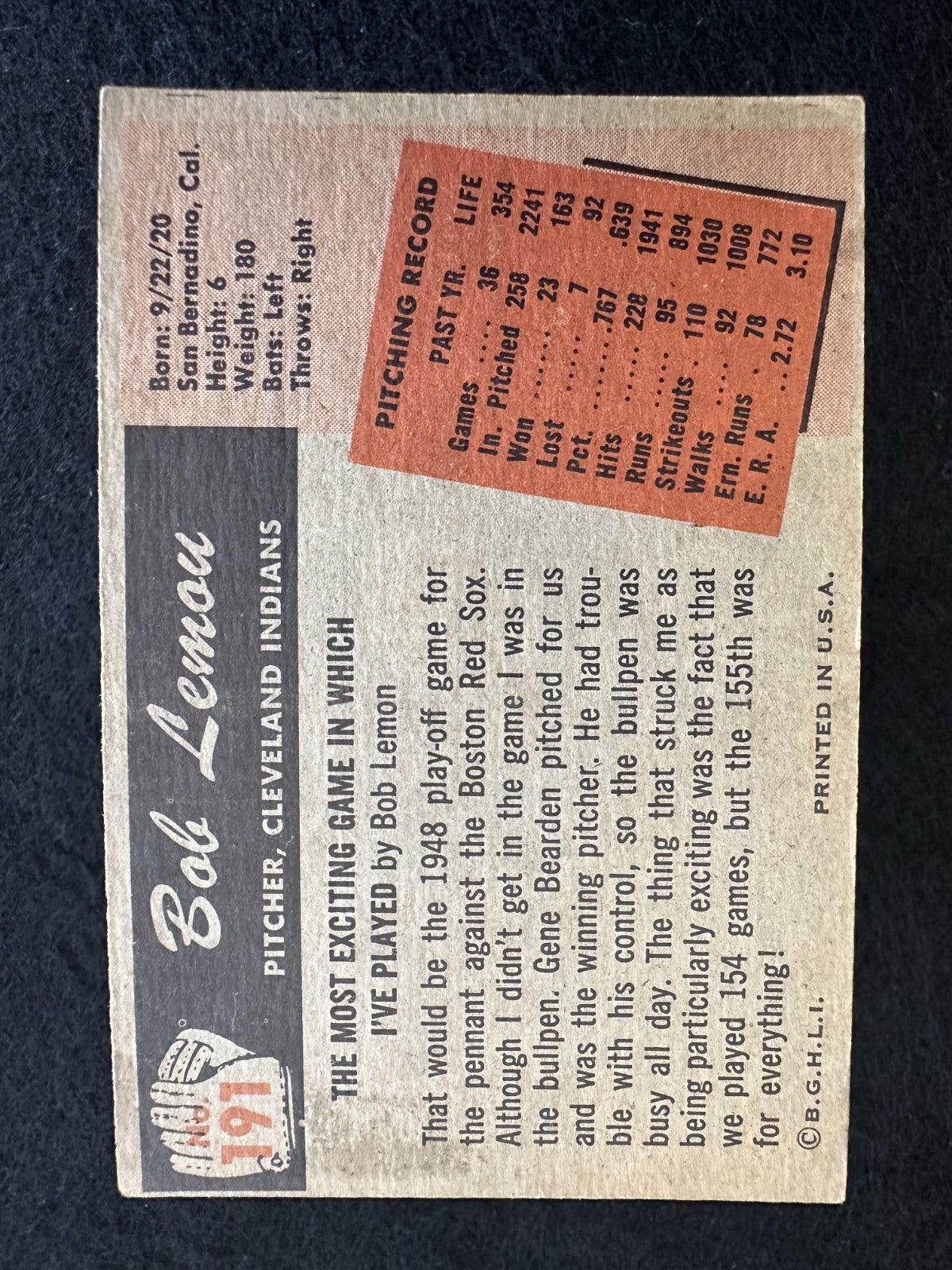 1955 Bowman Bob Lemon (#191) EX HOFer, Indians Ace ^GRUMPYBUCK^