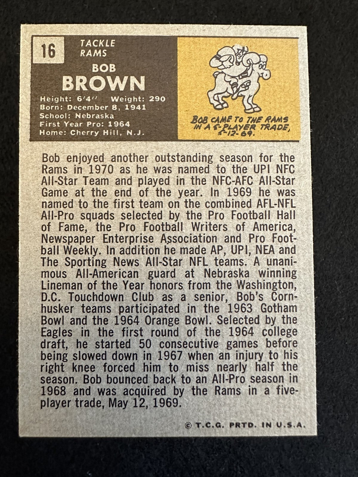 1971 Topps Bob Brown (#16) NM HOFer, All-Time Great OL ^GRUMPYBUCK^