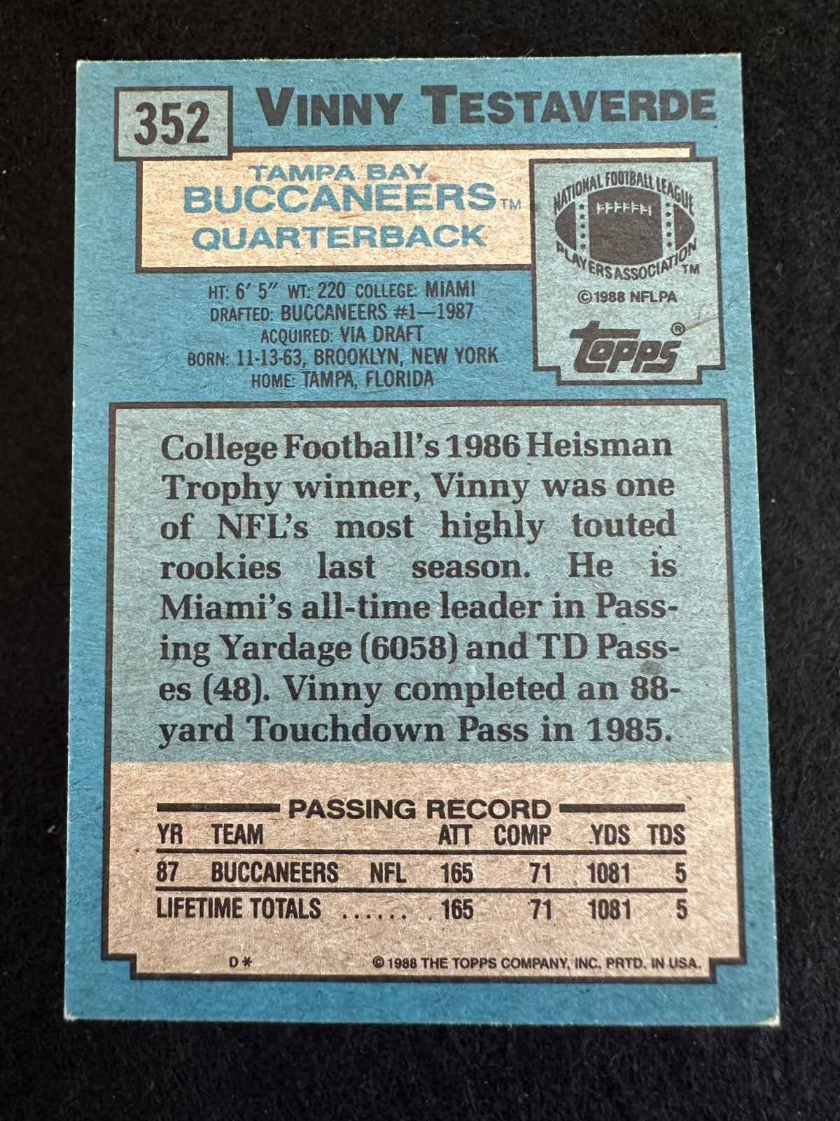 1988 Topps Vinny Testaverde (#352) EX Rookie Card, 1st Overall Pick ^GRUMPYBUCK^