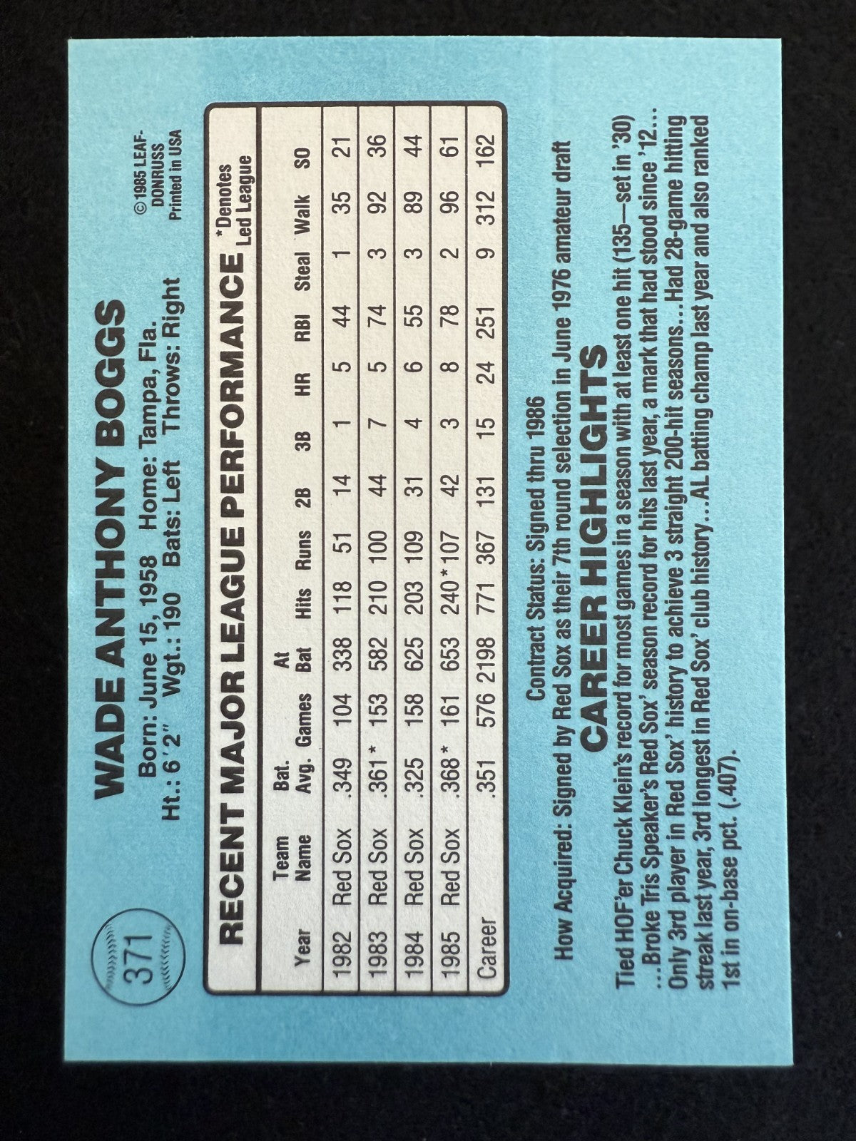 1986 Donruss Wade Boggs (#371) NM HOFer, Hit Machine, Red Sox Great ^GRUMPYBUCK^