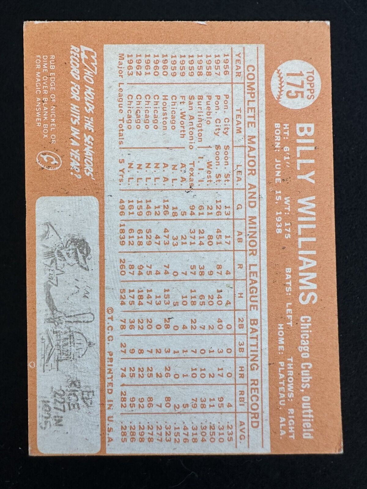 1964 Topps Billy Williams (#175) EX HOFer, ROY, Cubs Great ^GRUMPYBUCK^