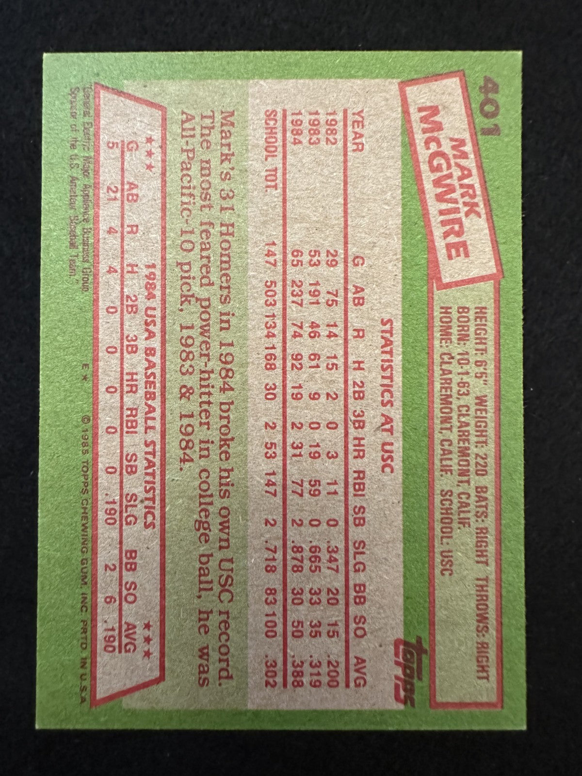 1985 Topps Mark McGwire (#401) EX Rookie Card, 500 HR Club ^GRUMPYBUCK^