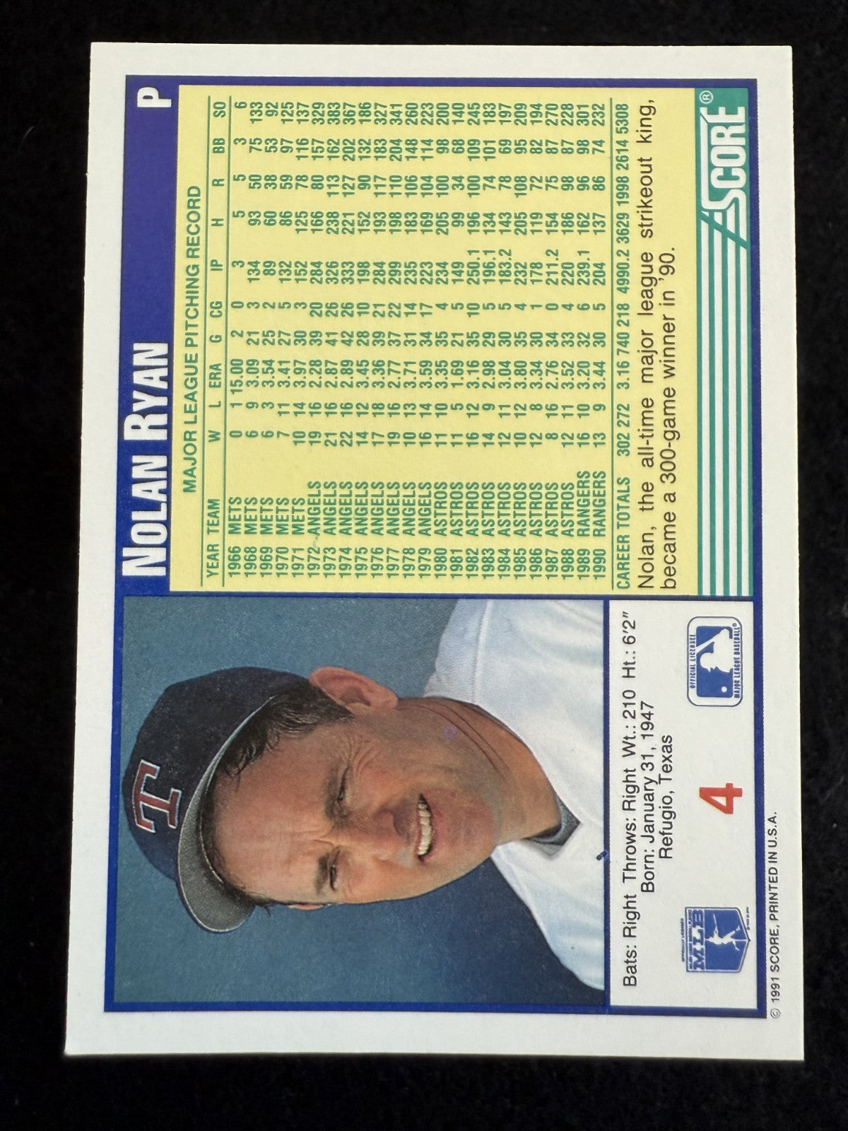 1991 Score Nolan Ryan (#4) NM HOFer, 300 Wins, 5K Strikeouts ^GRUMPYBUCK^