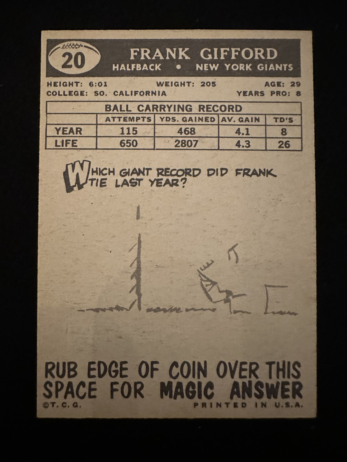 1959 Topps Frank Gifford (#20) NM HOFer, NFL Champ ^GRUMPYBUCK^
