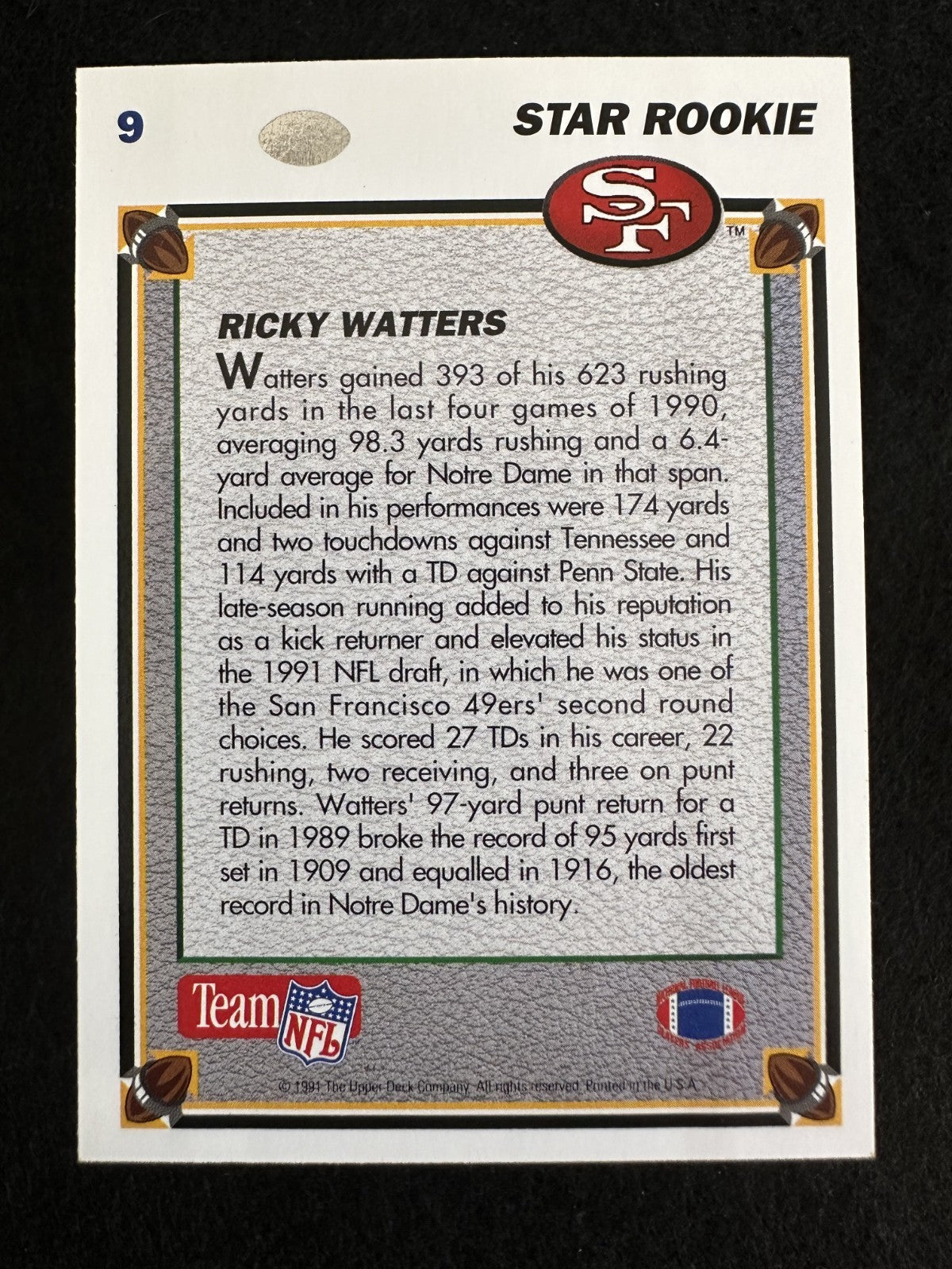 1991 Upper Deck Ricky Watters (#9) NM Rookie Card, 49ers Star ^GRUMPYBUCK^