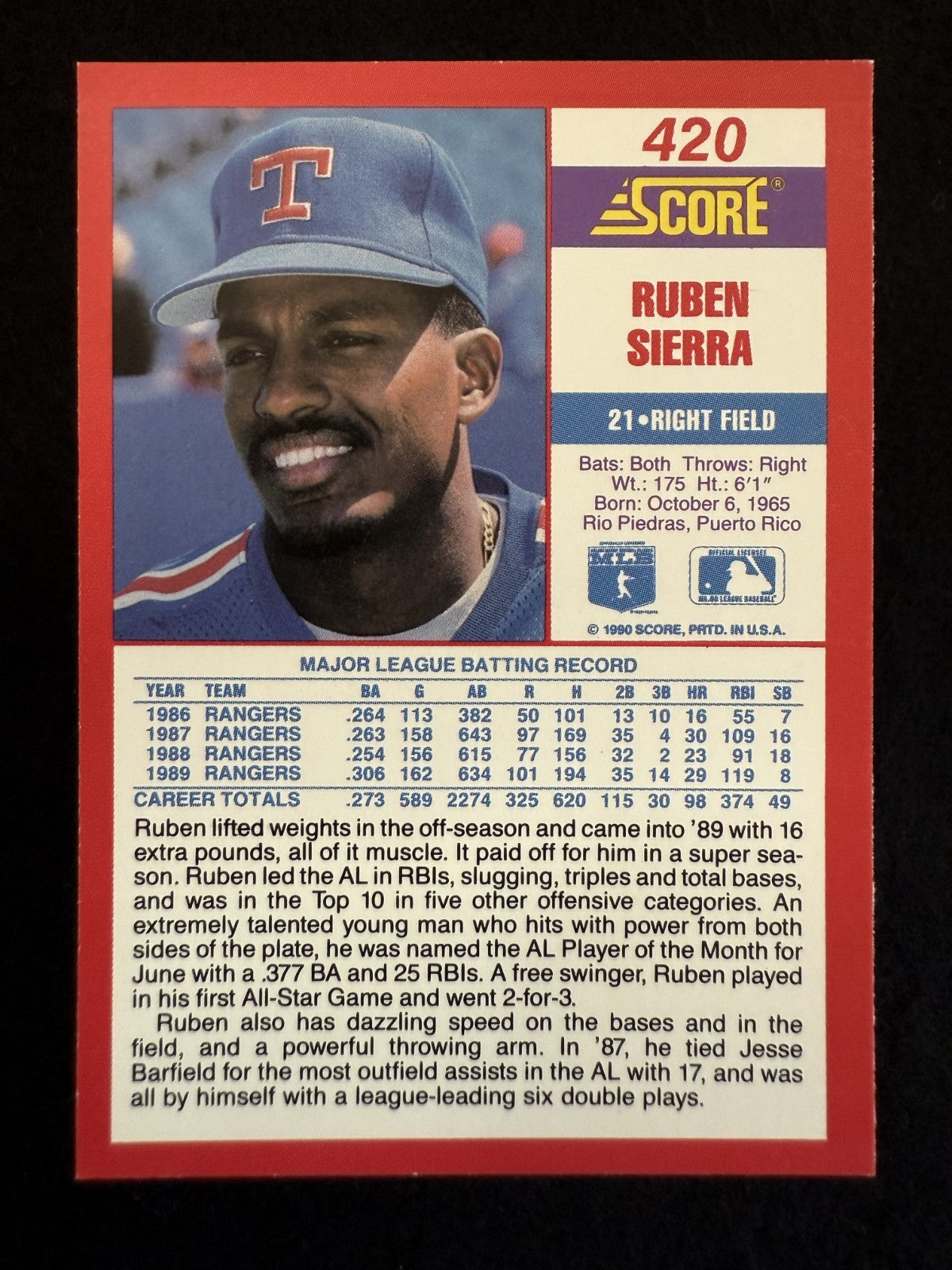 1990 Score Ruben Sierra (#420) NM, Rangers Great, Switch-Hitter ^GRUMPYBUCK^
