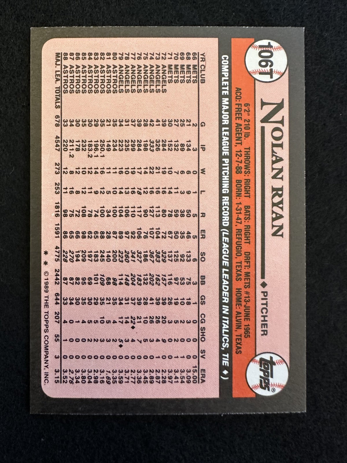 1989 Topps Traded Nolan Ryan (#106T) MT HOFer, Fireballer ^GRUMPYBUCK^
