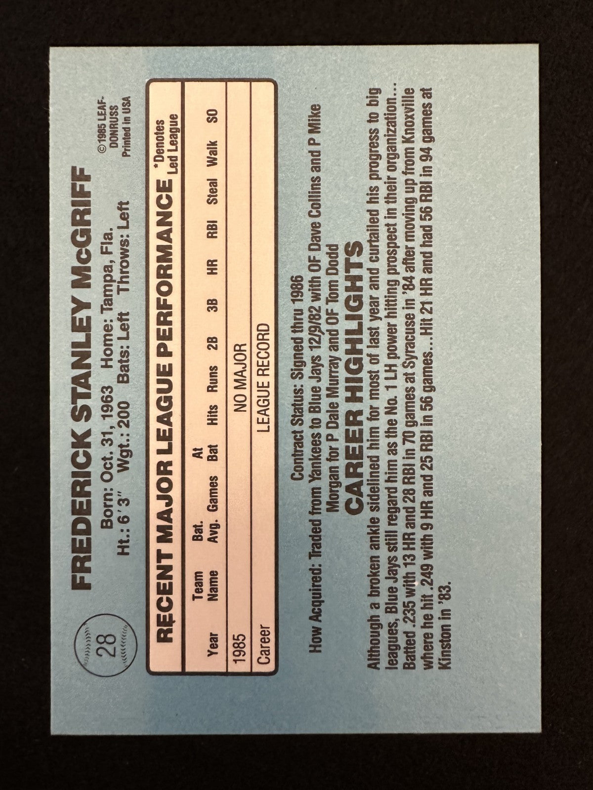1986 Donruss Fred McGriff (#28) NM Rookie Card, HOFer, Slugger ^GRUMPYBUCK^