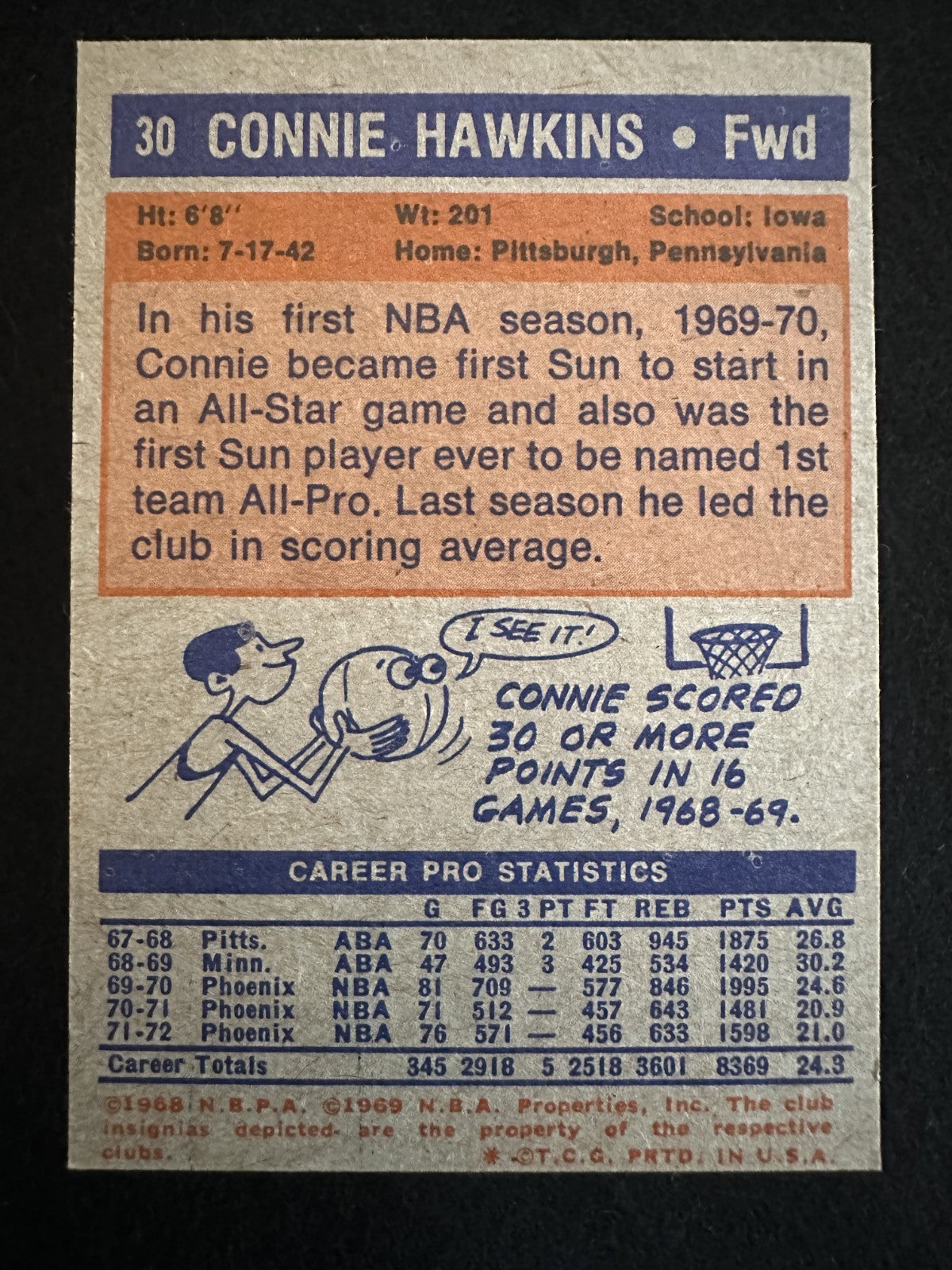1972-73 Topps Connie Hawkins (#30) EX HOFer, ABA/NBA Star ^GRUMPYBUCK^