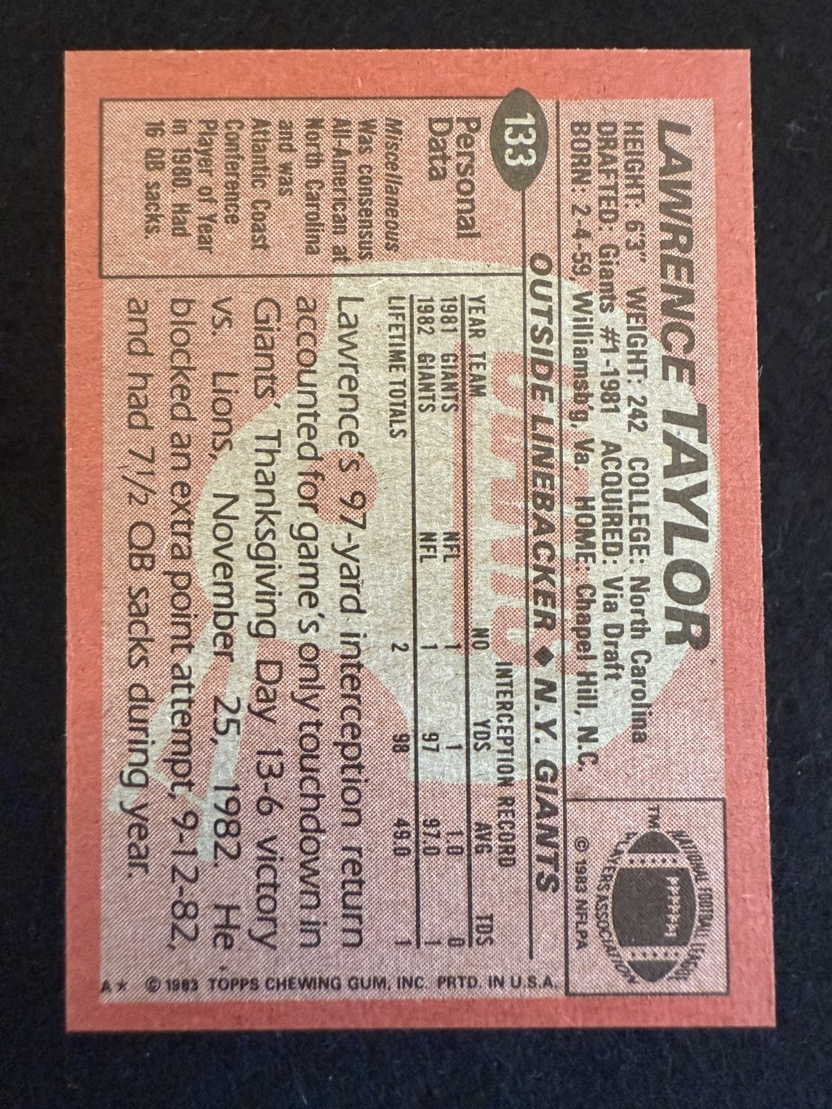 1983 Topps Lawrence Taylor (#133) NM All-Time Great, Sack Master ^GRUMPYBUCK^