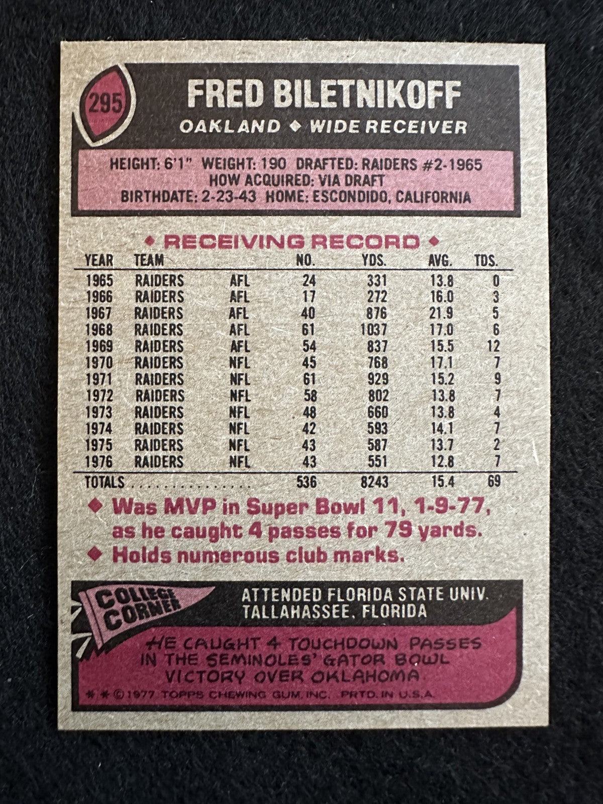 1977 Topps Fred Biletnikoff (#295) NM HOFer, Raiders Great ^GRUMPYBUCK^