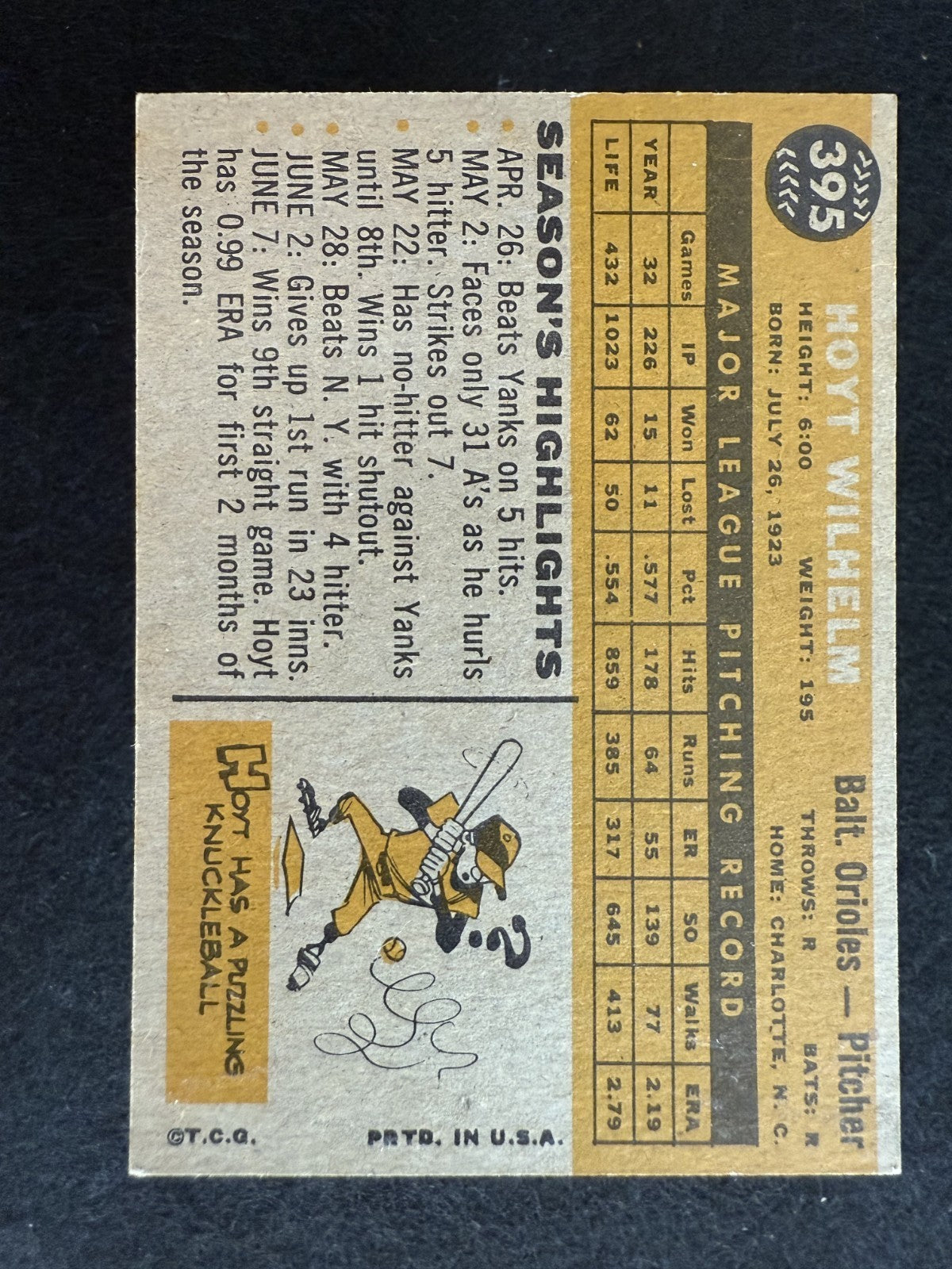 1960 Topps Hoyt Wilhelm (#395) VG HOFer, Closer ^GRUMPYBUCK^