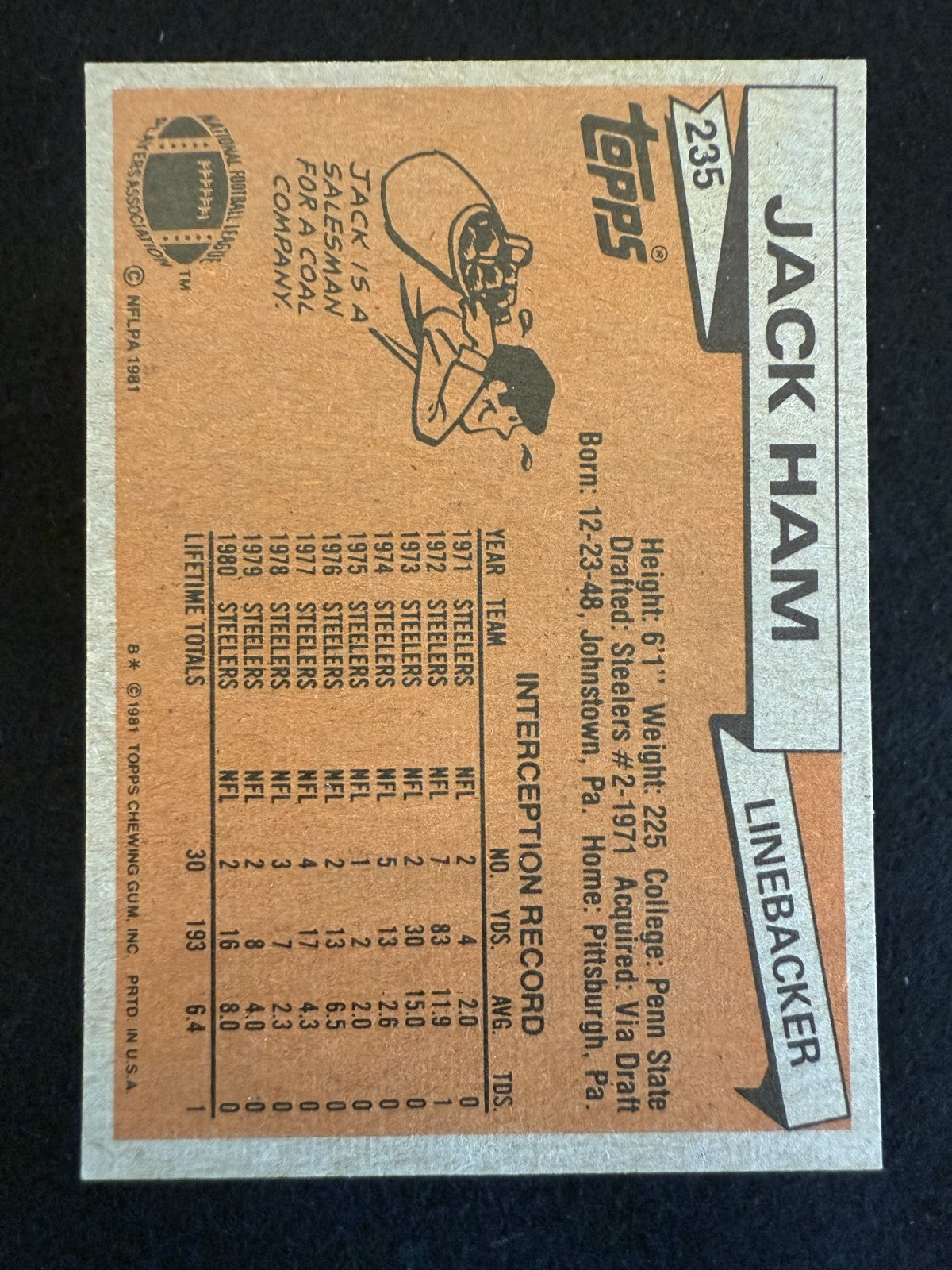 1981 Topps Jack Ham (#235) EX HOFer, Steelers Great ^GRUMPYBUCK^