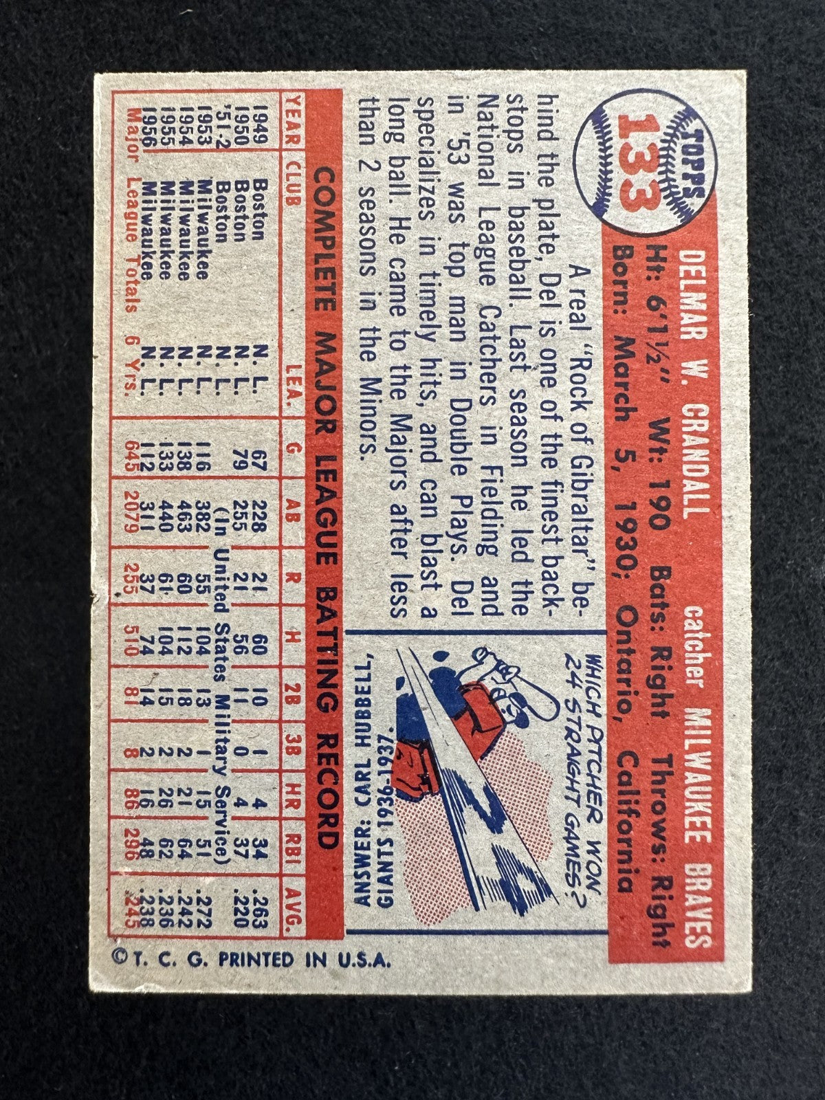 1957 Topps Del Crandall (#133) VG All-Star, Braves Catcher ^GRUMPYBUCK^