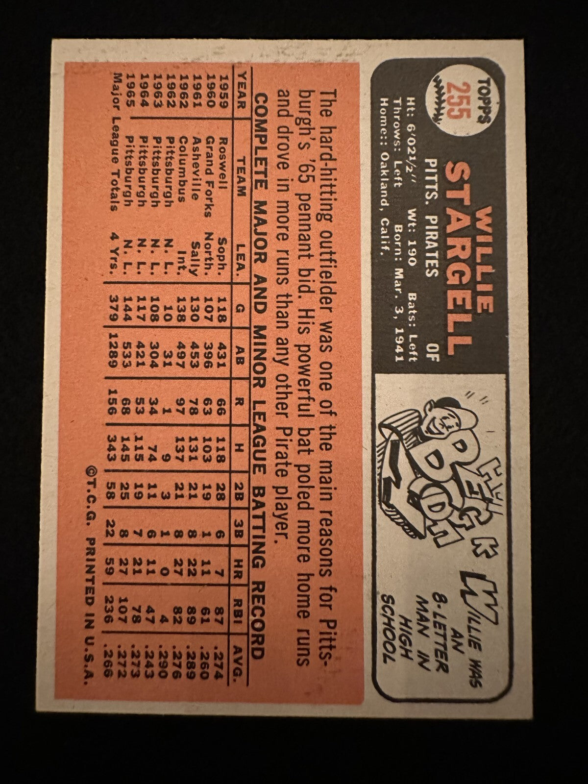 1966 Topps Willie Stargell (#255) NM HOFer, WS Champ, Pirates Great ^GRUMPYBUCK^
