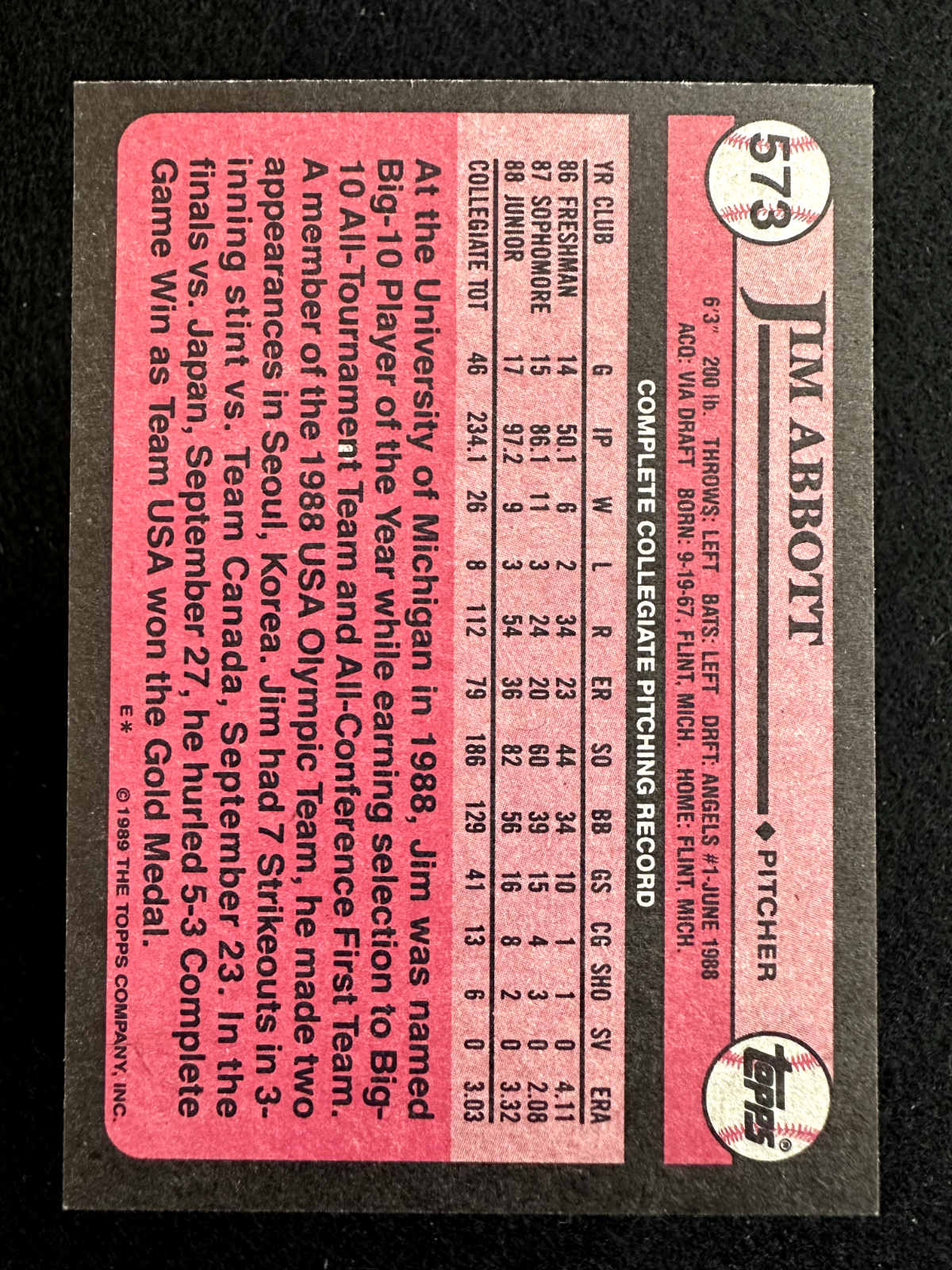 1989 Topps Jim Abbott (#573) NM Rookie Card, Gold Medalist ^GRUMPYBUCK^