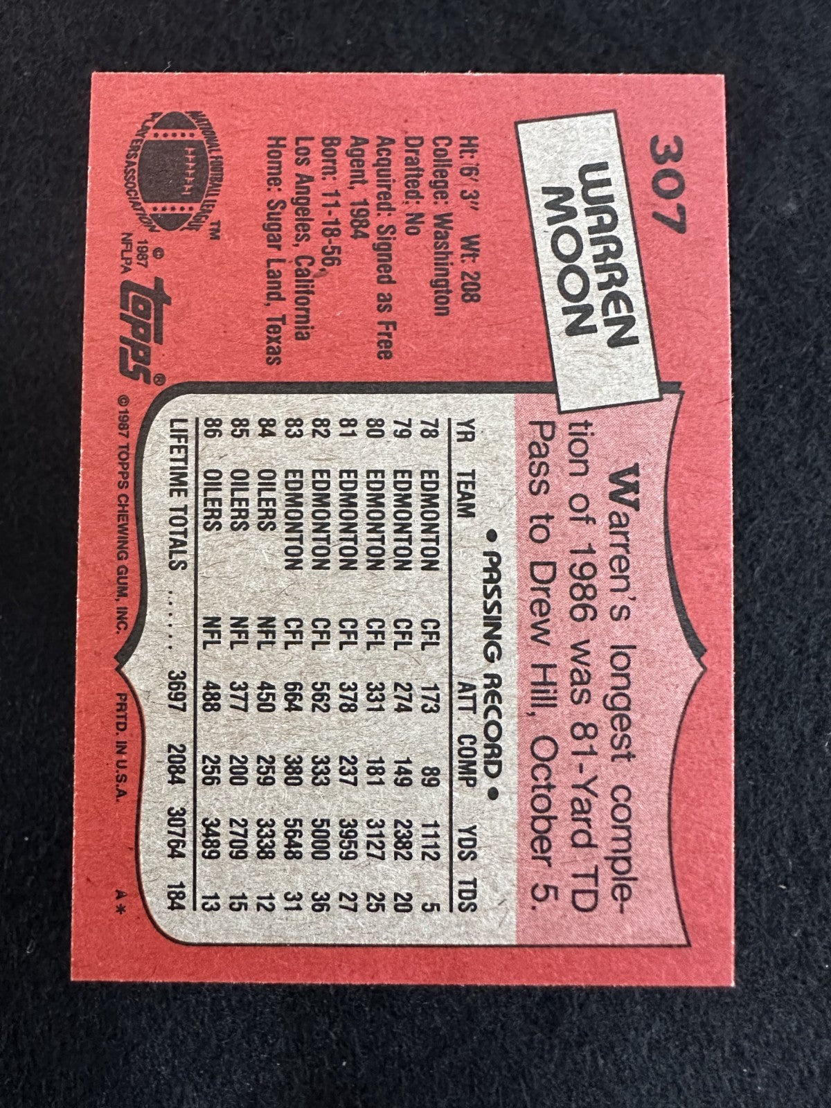 1987 Topps Warren Moon (#307) NM HOFer, Oilers Legend ^GRUMPYBUCK^