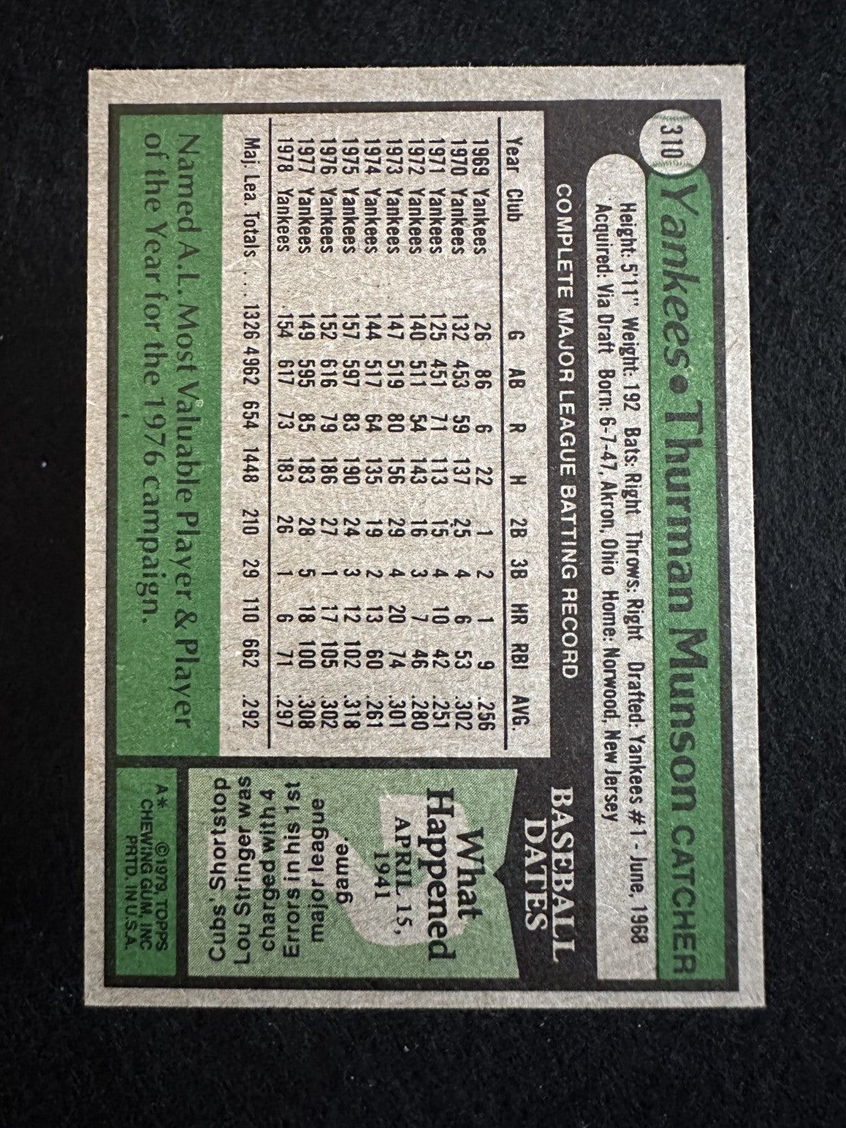 1979 Topps Thurman Munson (#310) NM Yankees Captain ^GRUMPYBUCK^