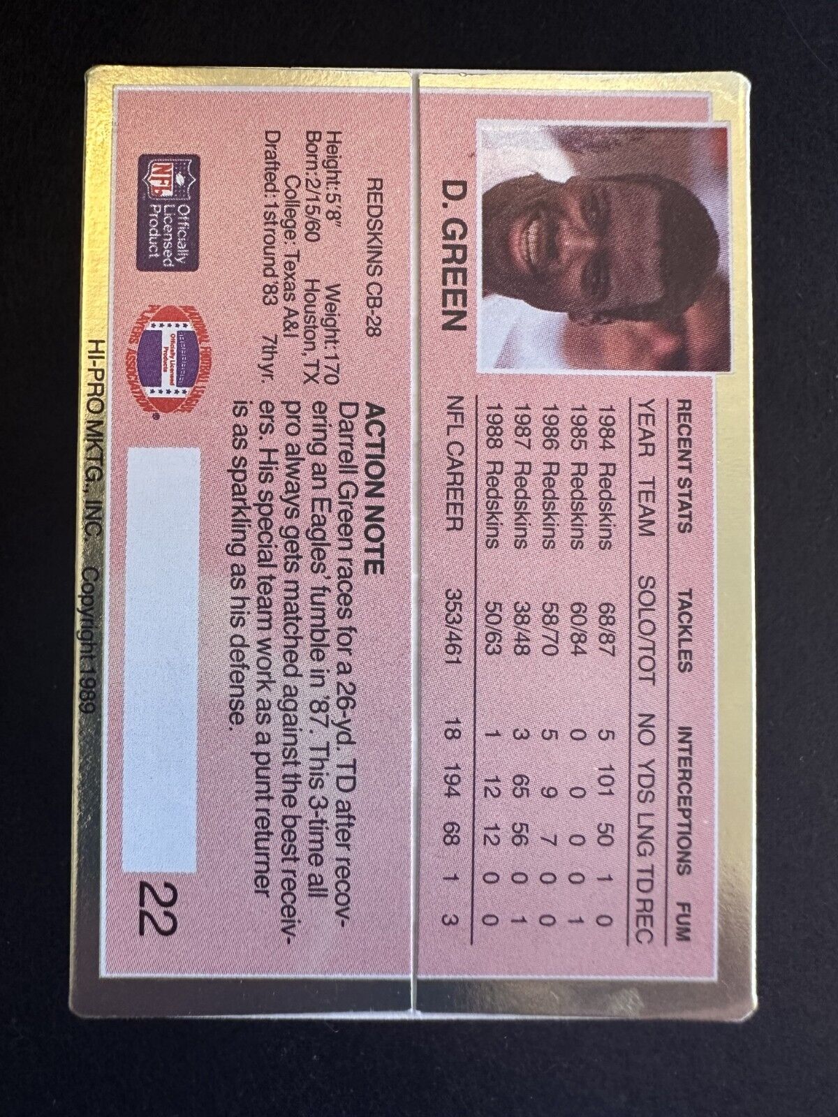 1989 Action Packed Darrell Green (#22) NM HOFer, SB Champ ^GRUMPYBUCK^