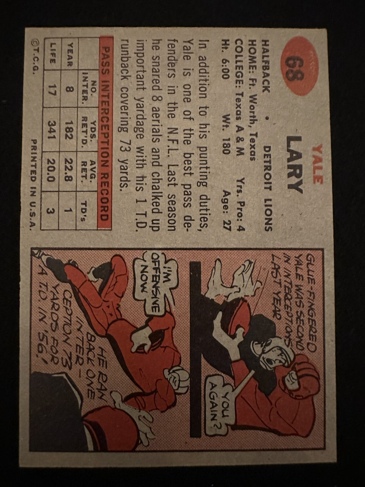 1957 Topps Yale Lary (#68) EX HOFer, Lions Defensive Star ^GRUMPYBUCK^