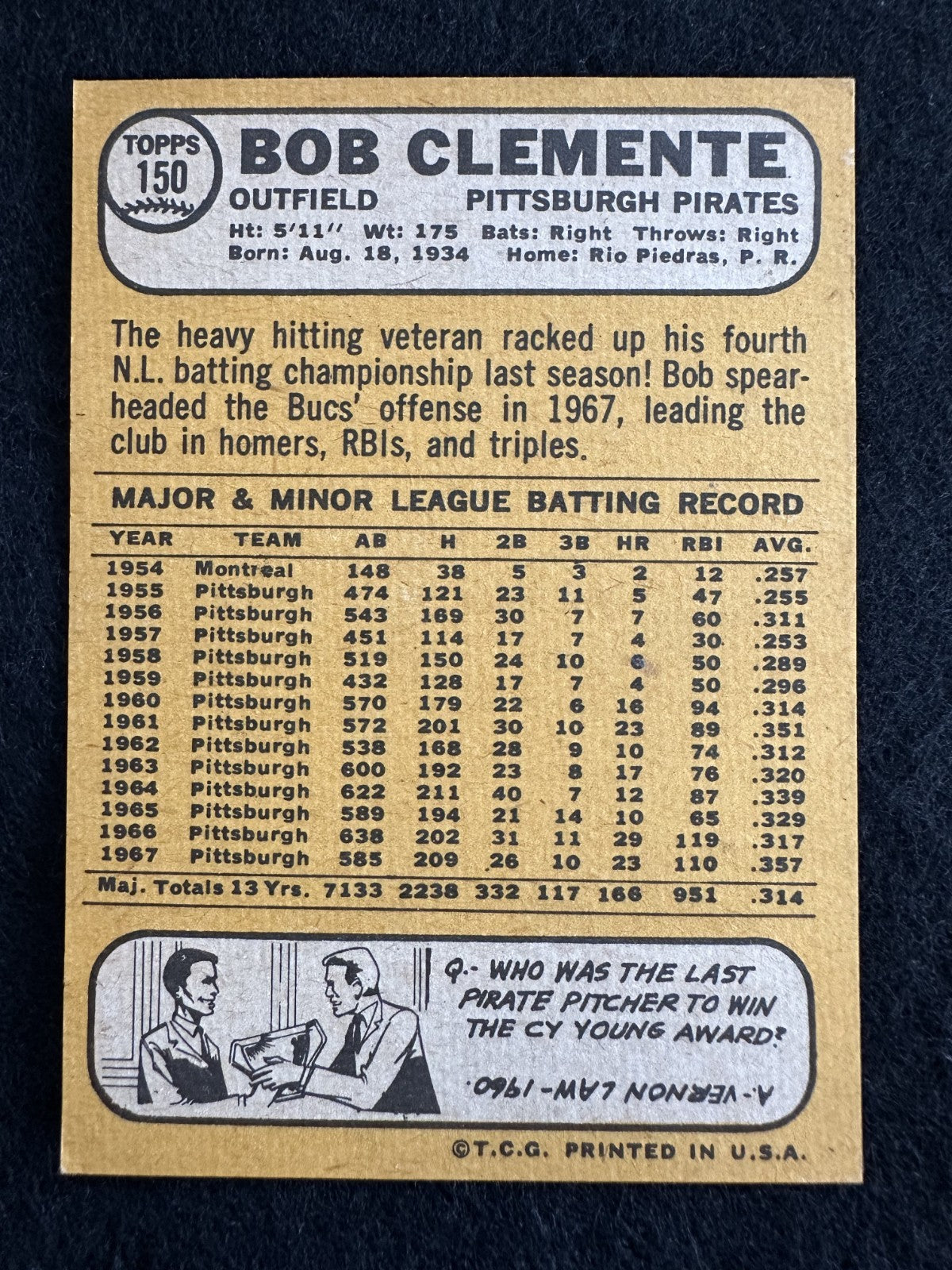 1968 Topps Roberto Clemente (#150) NM HOFer, Pirates Icon ^GRUMPYBUCK^
