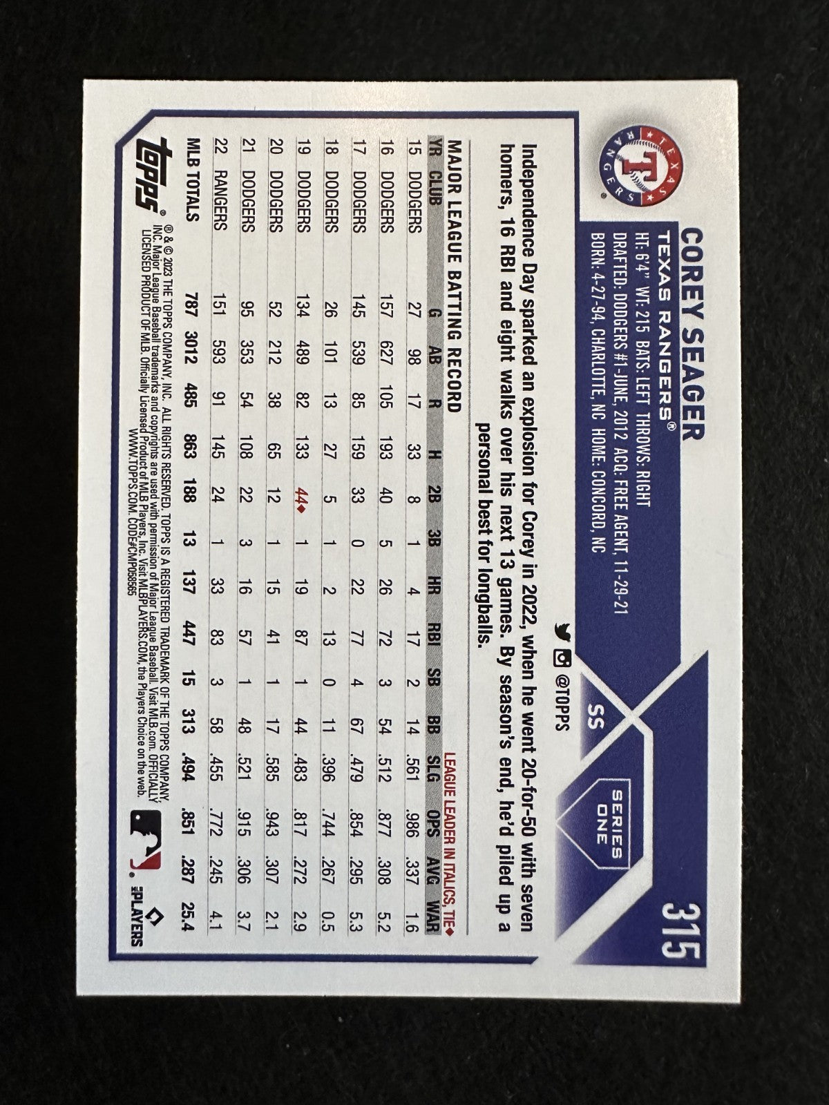 2023 Topps Corey Seager (#315) MT World Series MVP ^GRUMPYBUCK^