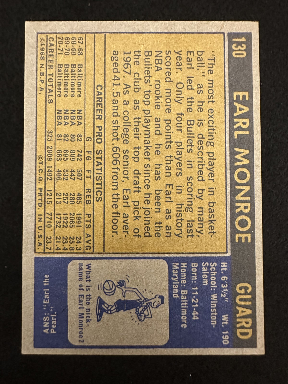1971–72 Topps Earl Monroe (#130) EX HOFer, Knicks/Bullets Star ^GRUMPYBUCK^