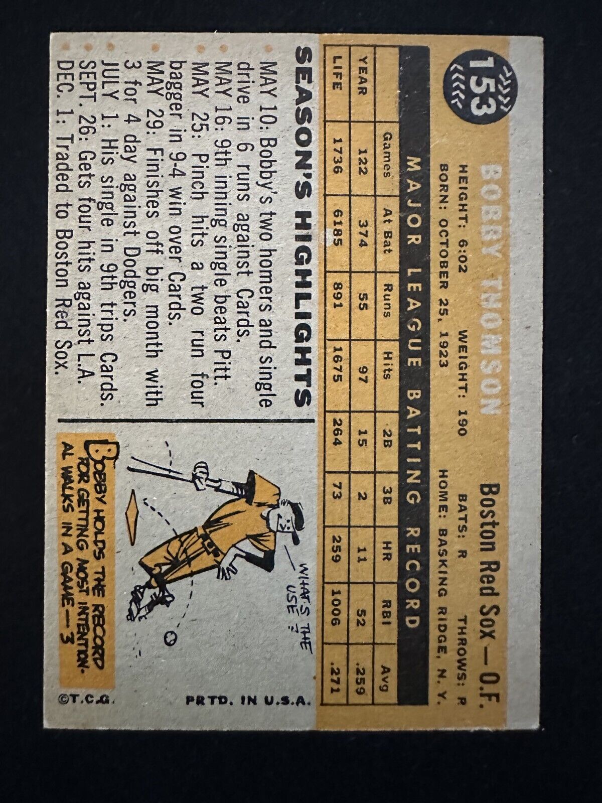 1960 Topps Bobby Thomson (#153) NM Giants Hero, All-Star ^GRUMPYBUCK^