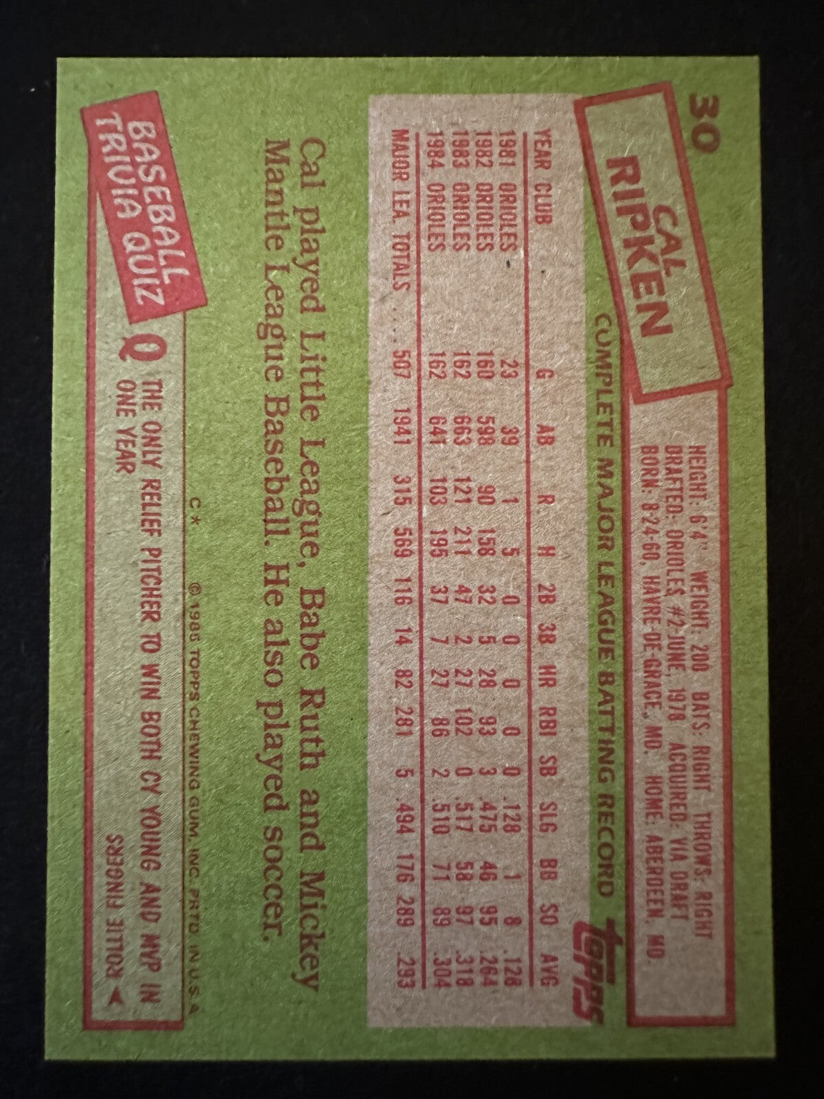 1985 Topps Cal Ripken Jr. (#30) NM HOFer, Iron Man ^GRUMPYBUCK^