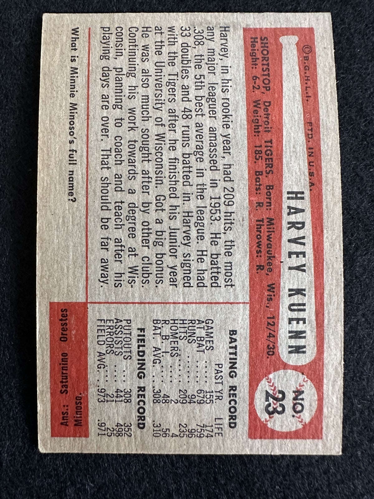 1954 Bowman Harvey Kuenn (#23) EX Rookie Card, AL ROY ^GRUMPYBUCK^