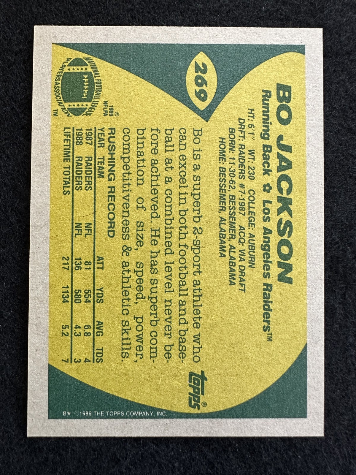 1989 Topps Bo Jackson (#269) NM Heisman Winner, Two-Sport Star ^GRUMPYBUCK^