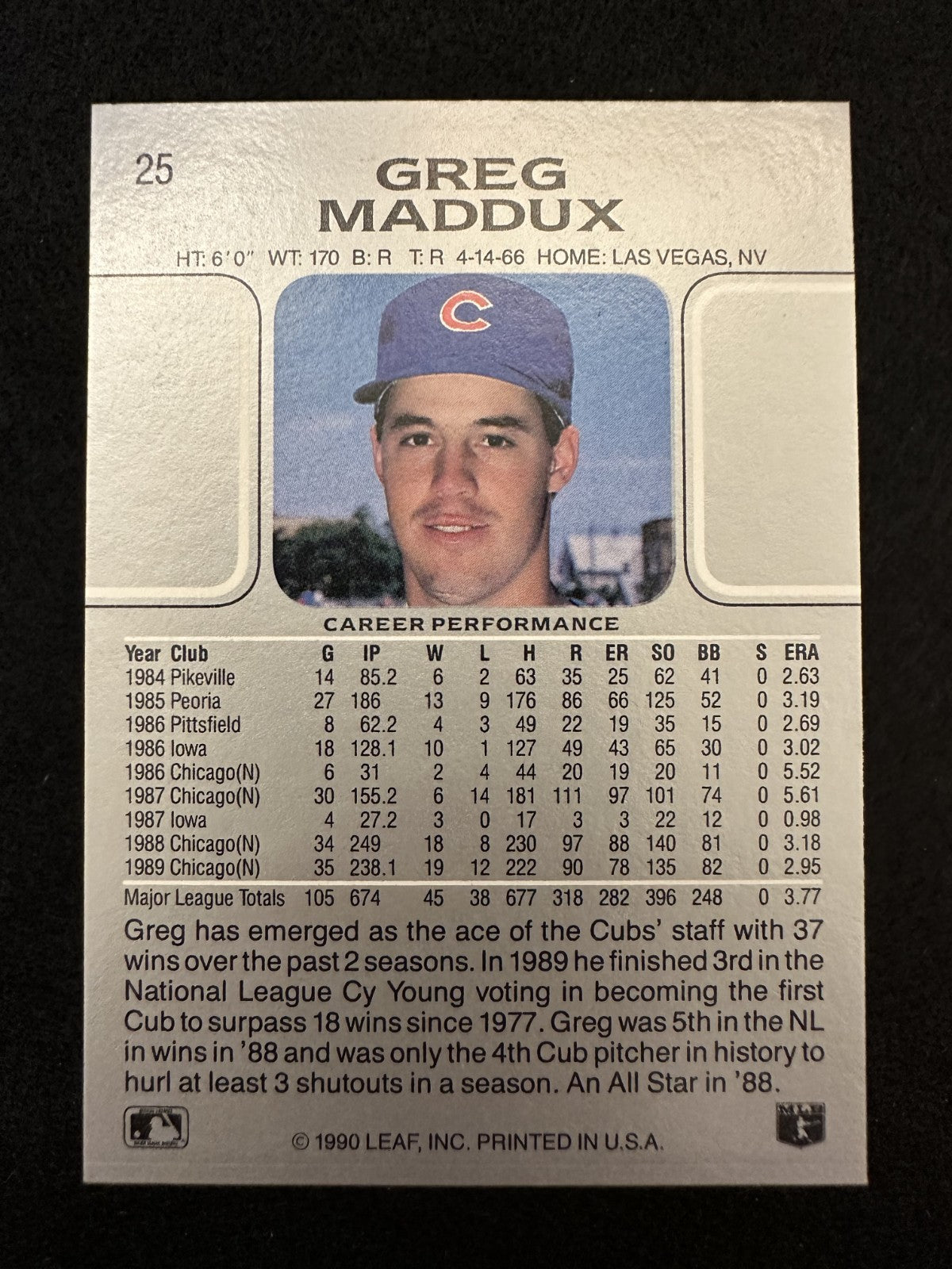 1990 Leaf Greg Maddux (#25) NM HOFer, Early Cubs Era ^GRUMPYBUCK^