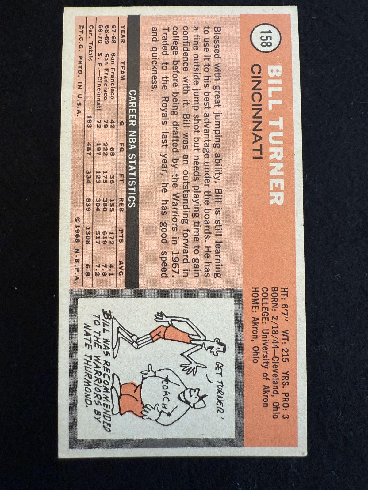 1970-71 Topps Bill Turner (#158) EX Rookie Card, NBA Role Player ^GRUMPYBUCK^