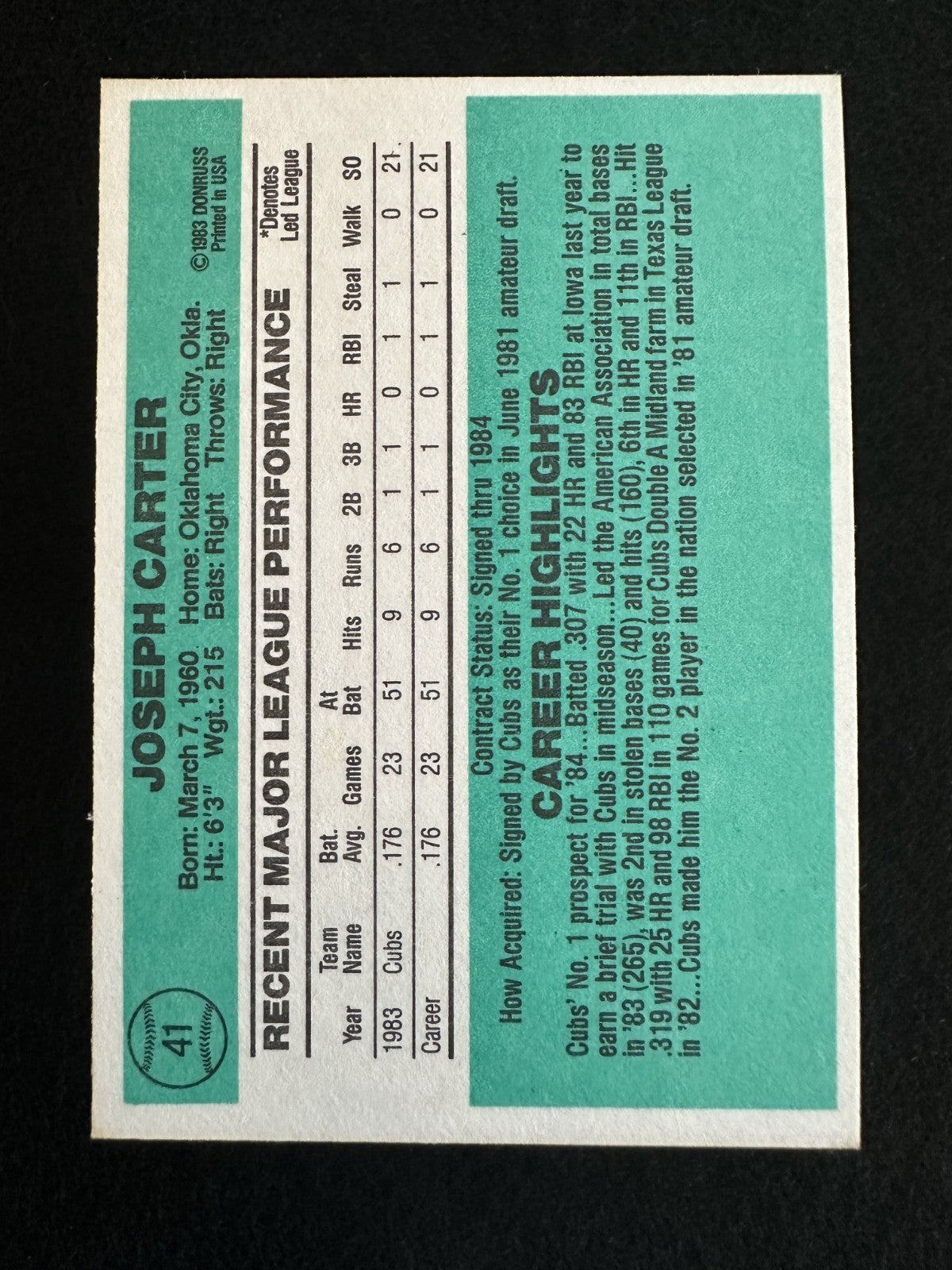 1984 Donruss Joe Carter (#41) NM WS Hero, Rookie Card ^GRUMPYBUCK^