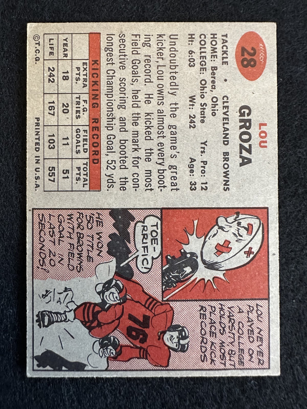 1957 Topps Lou Groza (#28) EX HOF, Kicking Great ^GRUMPYBUCK^