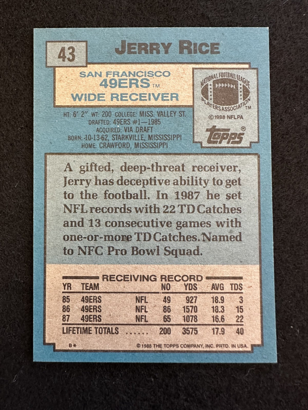1988 Topps Jerry Rice (#43) MT Perfect Corners/Centering, HOFer ^GRUMPYBUCK^