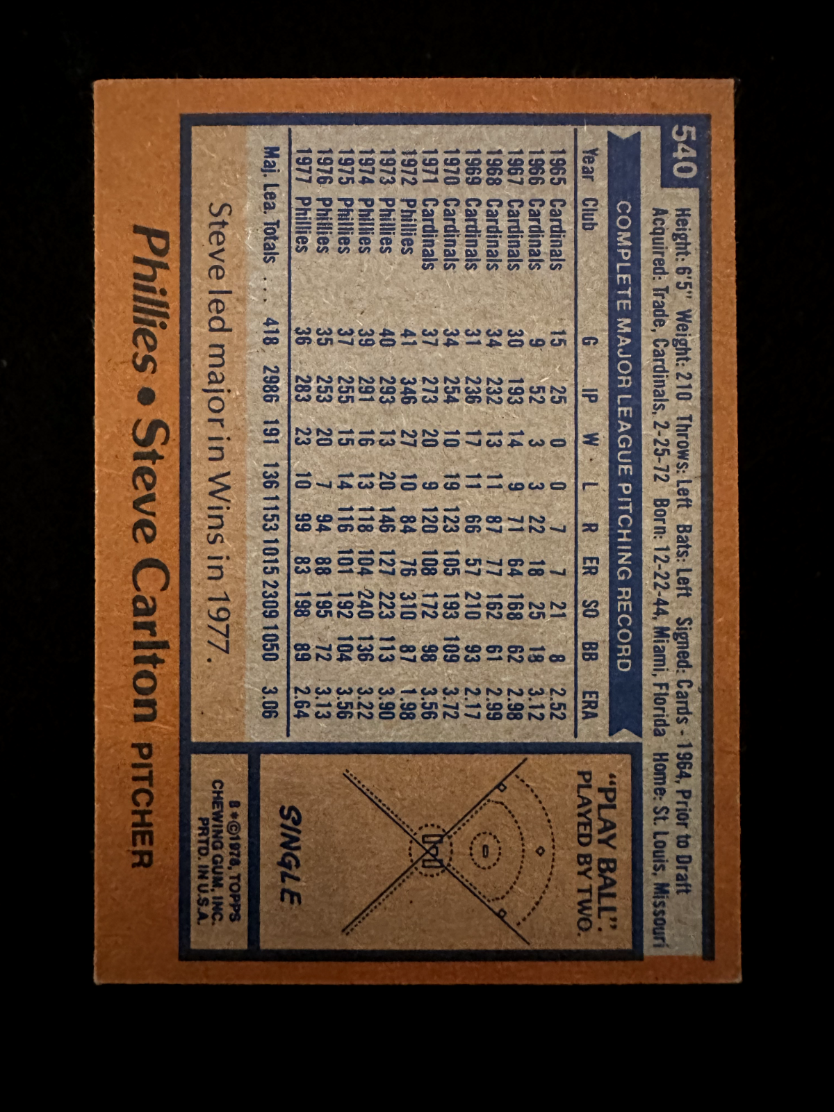 1978 Topps Steve Carlton (#540) NM HOFer, 300 Wins, Cy Young ^GRUMPYBUCK^