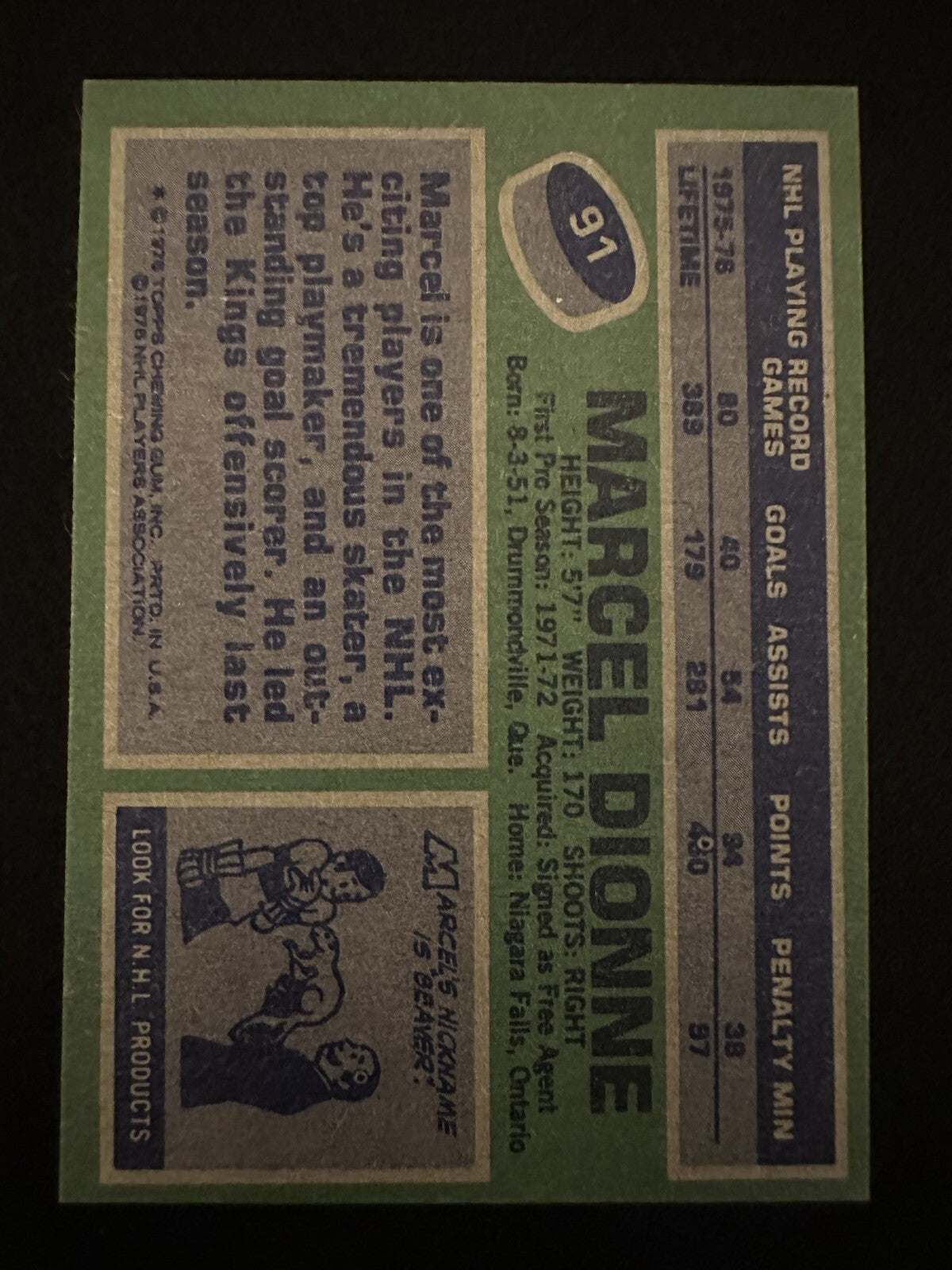 1976–77 Topps Marcel Dionne (#91) NM HOFer, Kings Great ^GRUMPYBUCK^