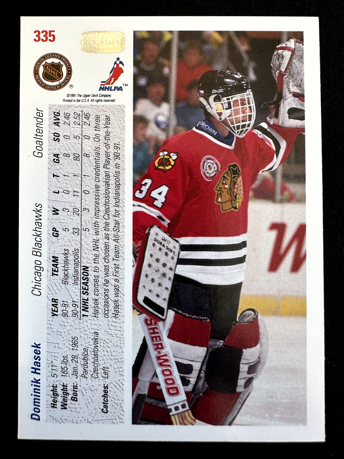 1991–92 Upper Deck Dominik Hasek (#335) NM HOFer, Rookie Card ^GRUMPYBUCK