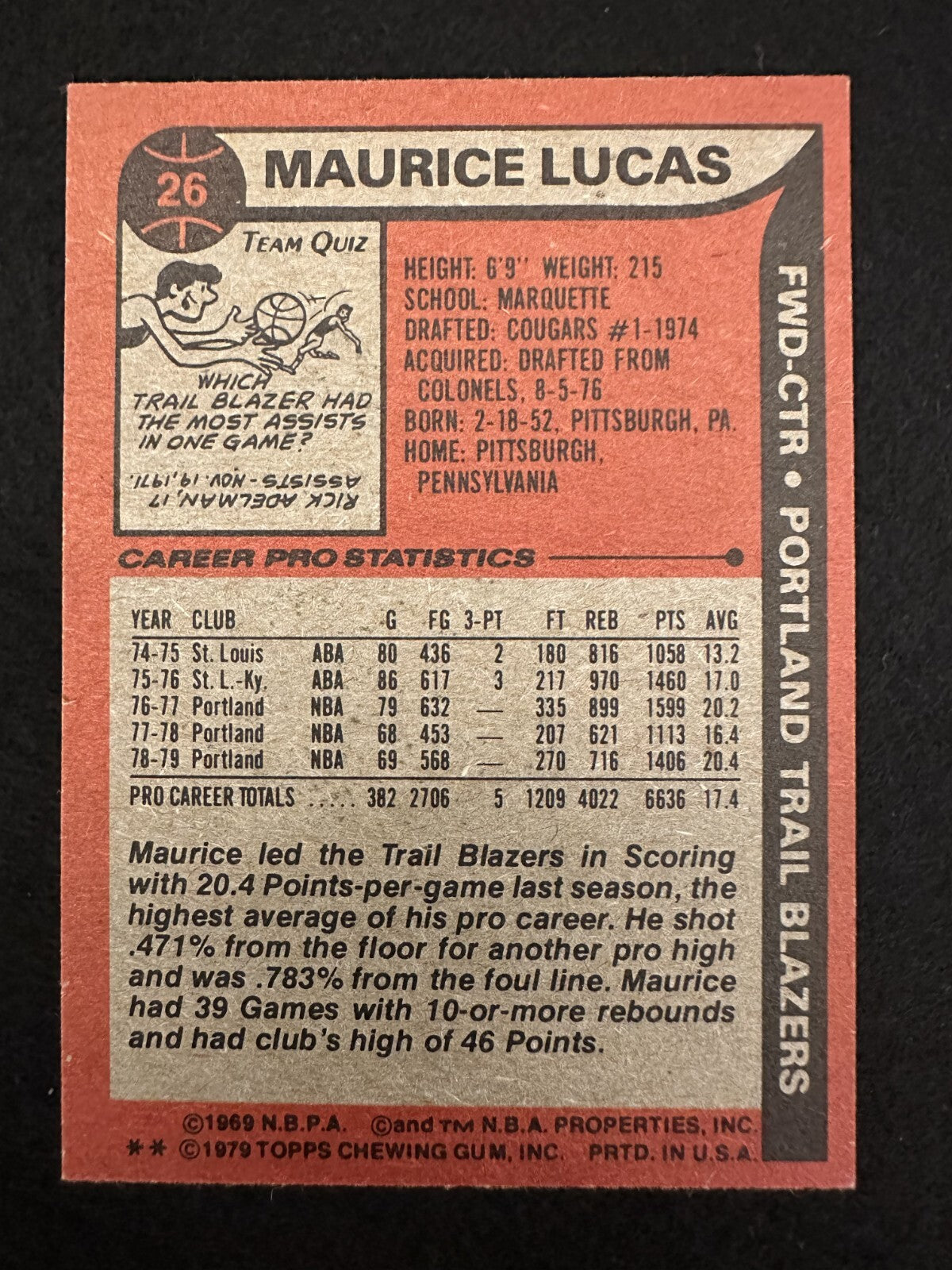 1979–1980 Topps Maurice Lucas (#26) NM All-Star, NBA Champ ^GRUMPYBUCK^