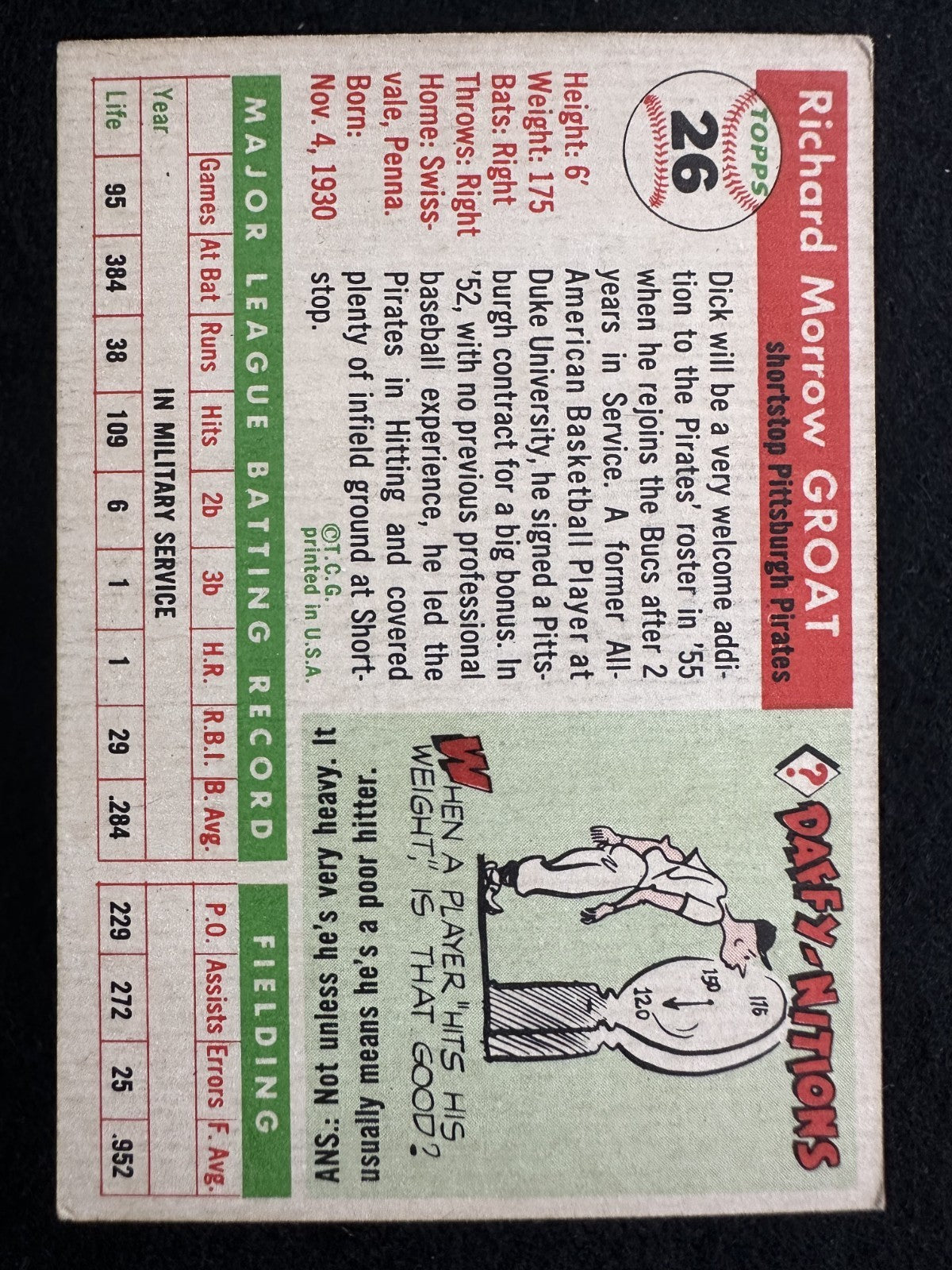 1955 Topps Dick Groat (#26) VG NL MVP SS, Pirates Star ^GRUMPYBUCK^