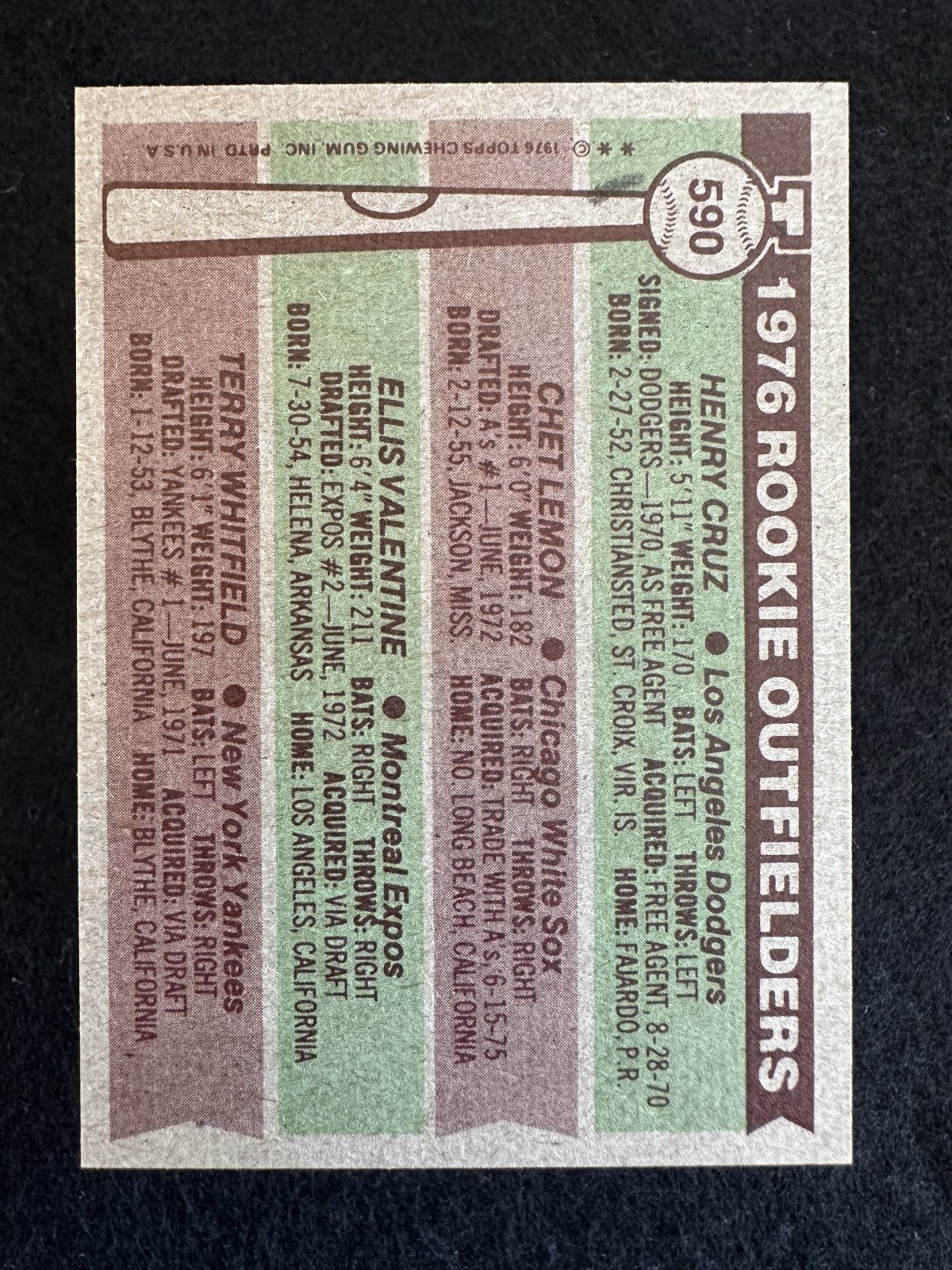 1976 Topps Rookie OFs (#592) NM Chet Lemon/Ellis Valentine/Whitfield ^GRUMPYBUCK
