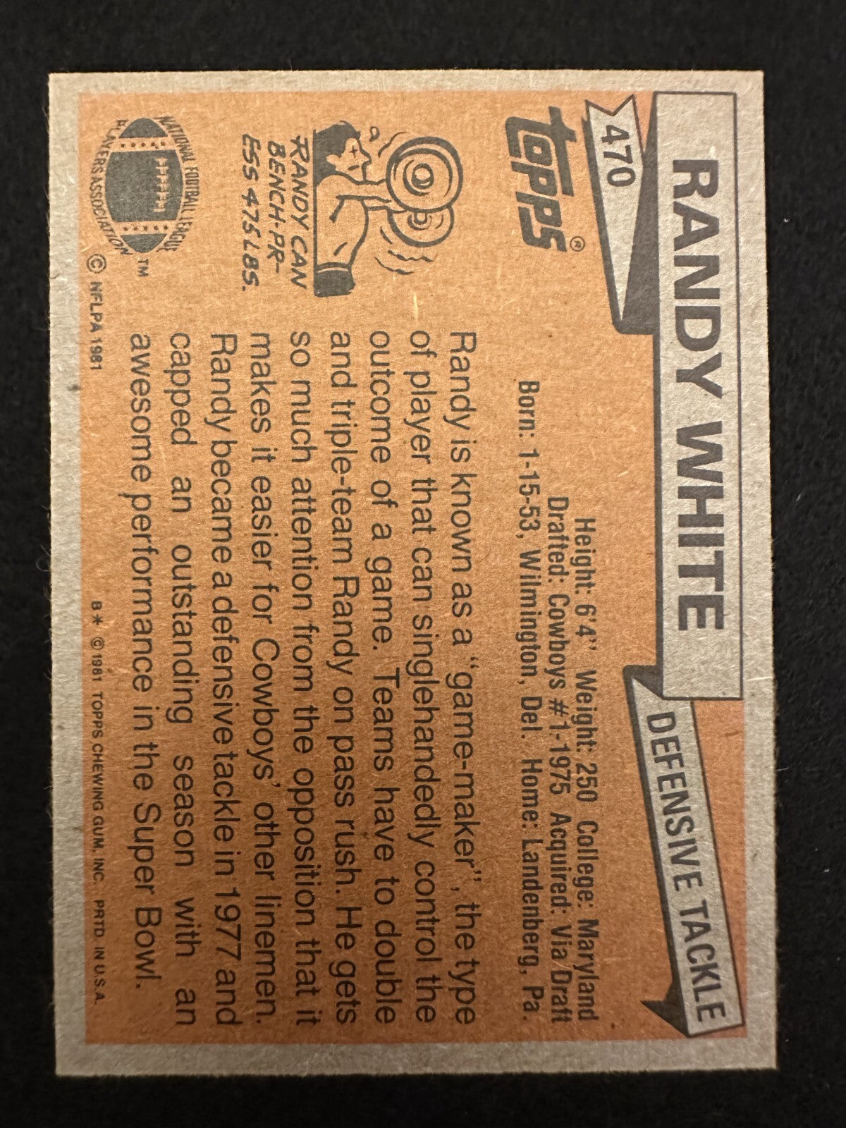 1981 Topps Randy White (#470) NM HOFer, Cowboys Great ^GRUMPYBUCK^