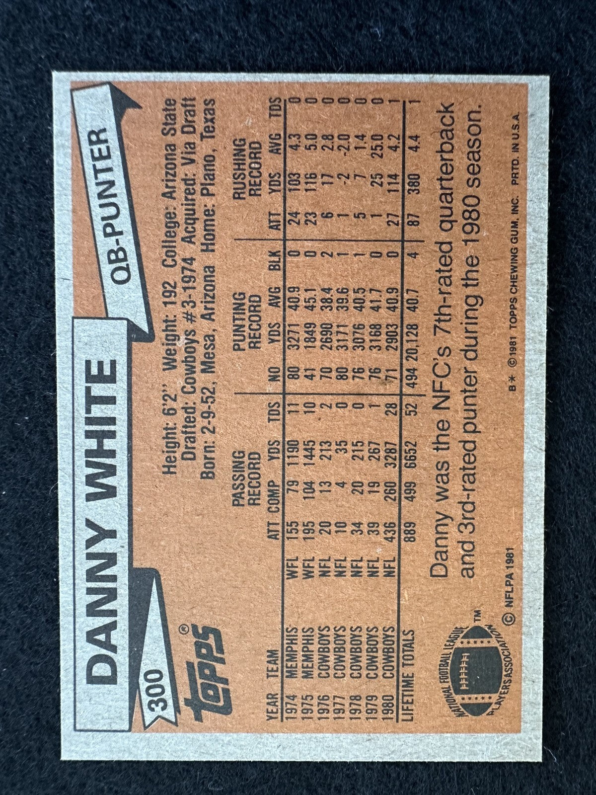 1981 Topps Danny White (#300) MINT Cowboys QB & Punter ^GRUMPYBUCK^