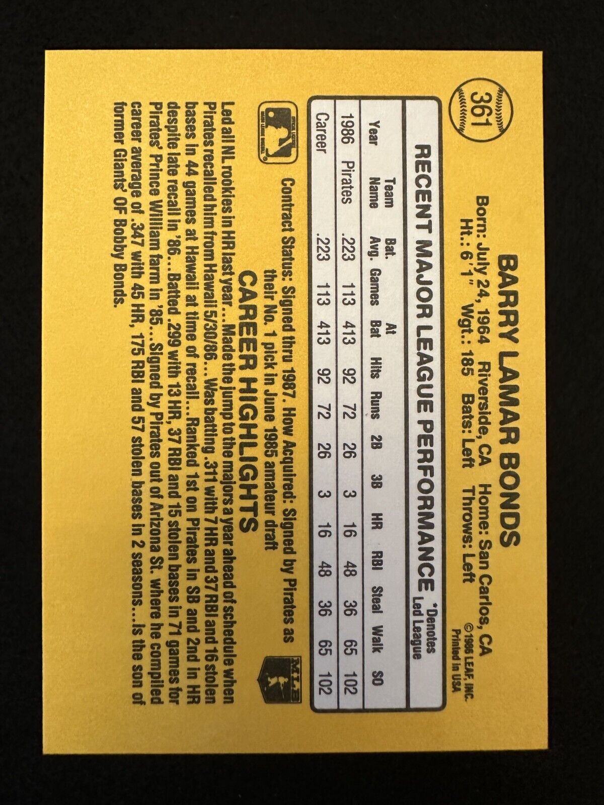 1987 Donruss Barry Bonds (#361) NM Home Run King, Rookie Card ^GRUMPYBUCK^