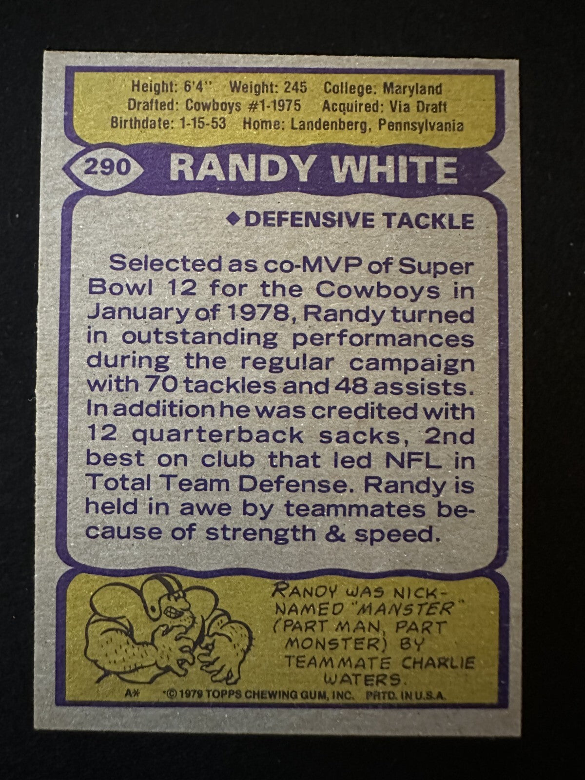 1979 Topps Randy White (#290) NM HOFer, Cowboys Great ^GRUMPYBUCK^