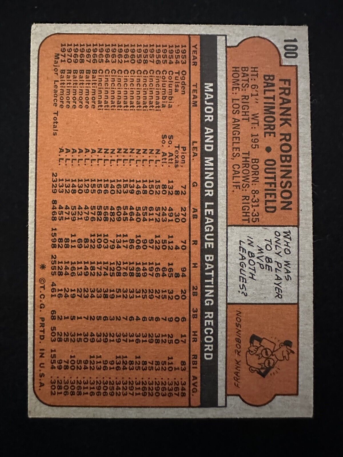 1972 Topps Frank Robinson (#100) EX HOFer, MVP, WS Champ ^GRUMPYBUCK^