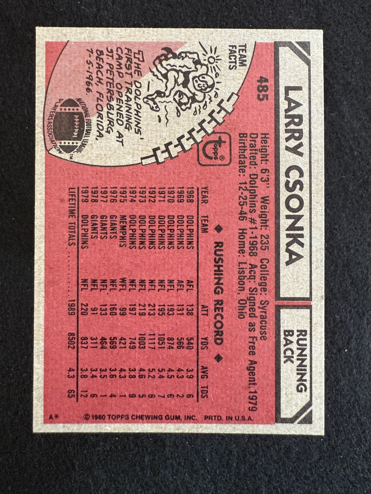 1980 Topps Larry Csonka (#485) NM HOFer, Dolphins Legend ^GRUMPYBUCK^