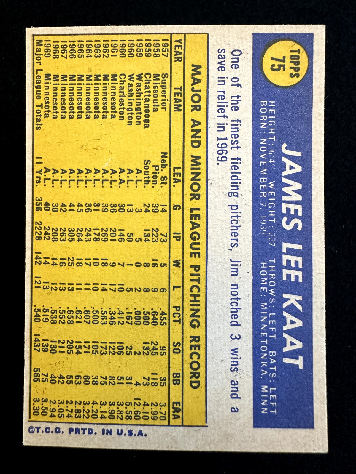 1970 Topps Jim Kaat (#75) EX HOFer, Gold Glover, WS Champ ^GRUMPYBUCK^